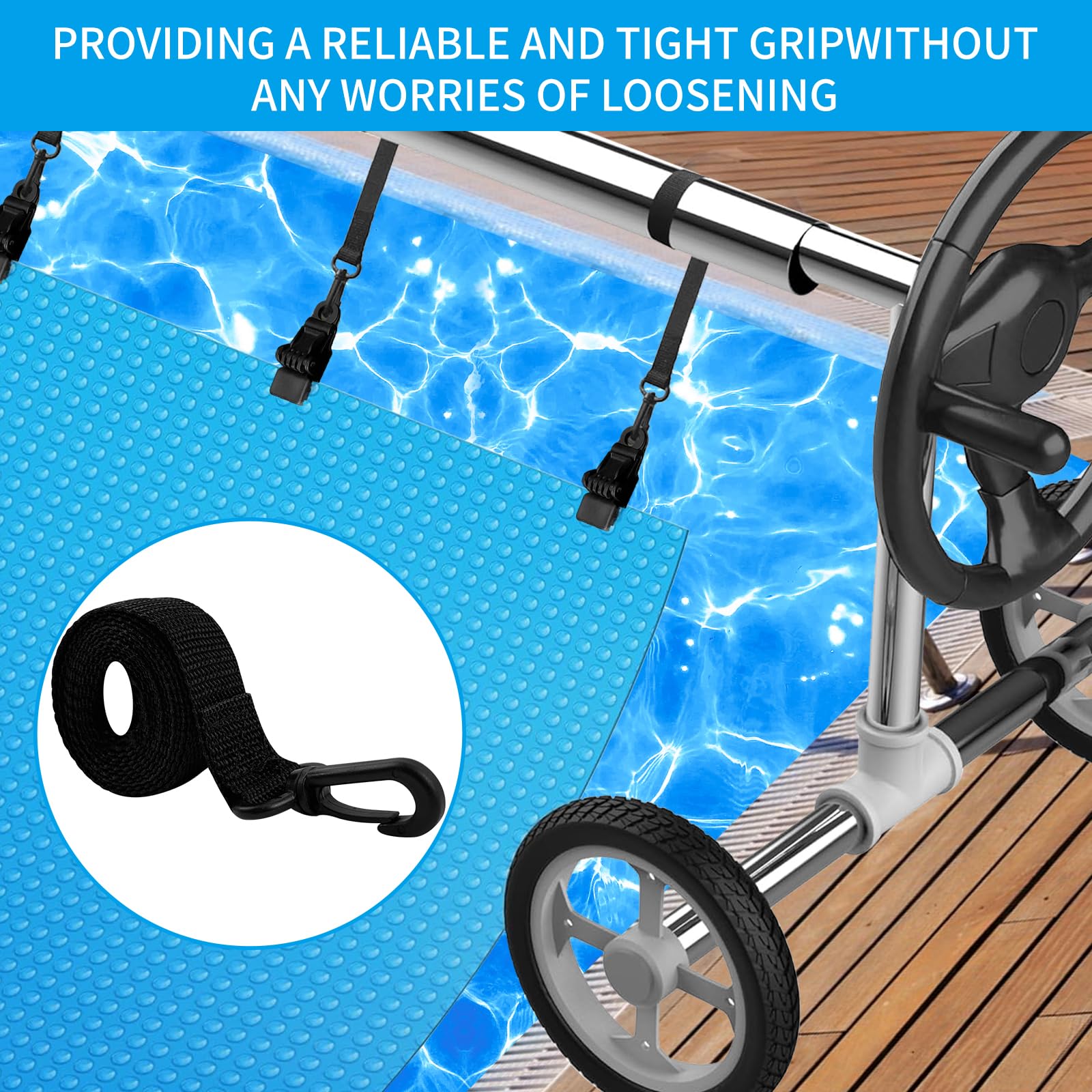 YumSur Enrollador de piscina – Bandas de sujeción – Juego de 8 bandas de fijación y grapas accesorios para sistema de enrollado móvil – Pantalla solar móvil para lonas de piscina, cubiertas