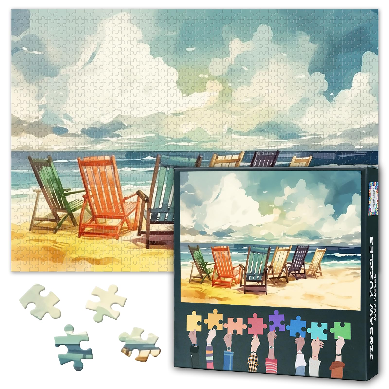 1000 Piece Jigsaw Puzzle for Adults Summer Beach Scene Illustration Coastal Landscape with Deck Chairs and Sea Sky Relaxing Vacation Puzzle for Family Game Night 27.5x19.7 Inch — image 1