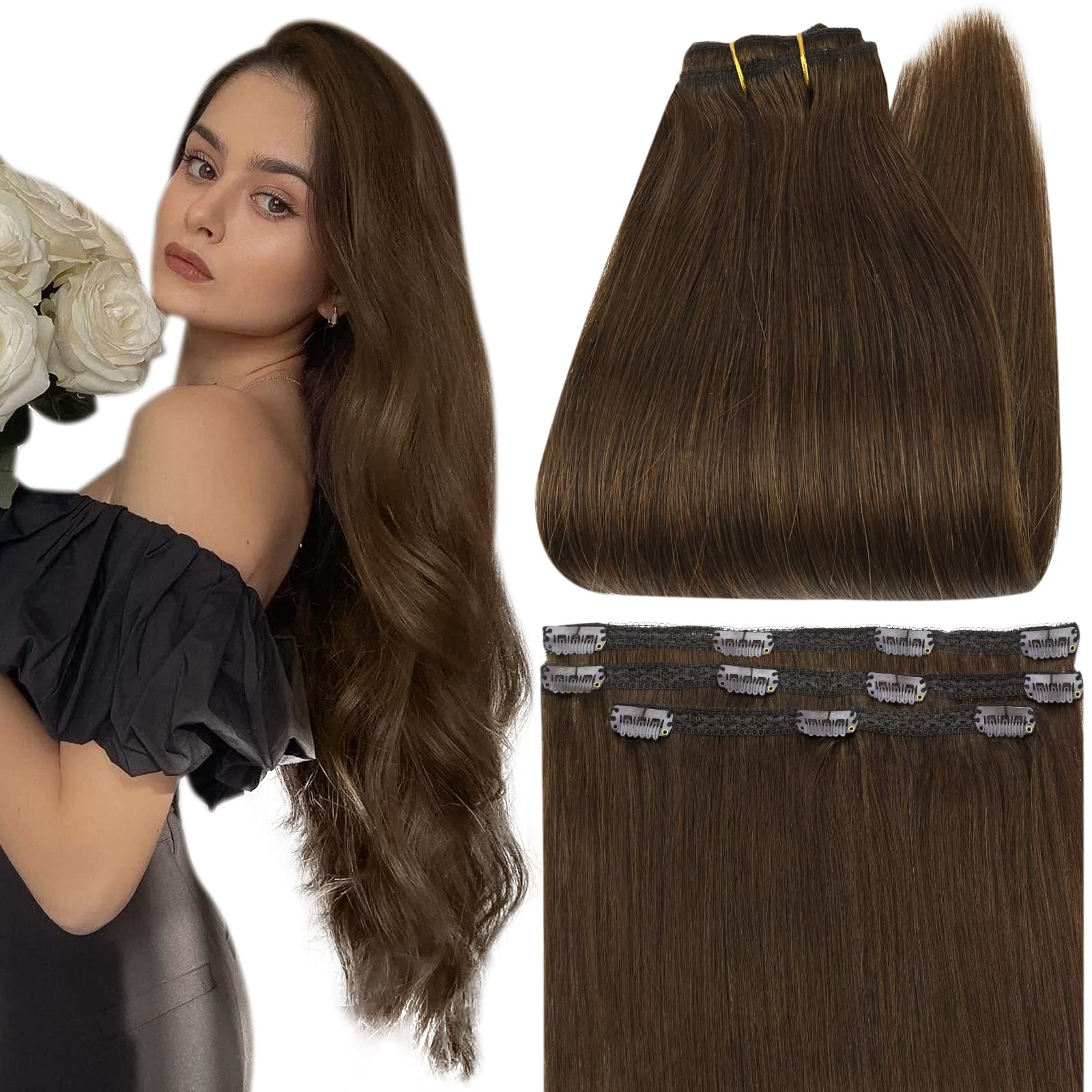 Full Shine Brown Human Hair Extensions 3Pcs Clip in Extensions Straight Remy Hair Medium Brown Brazilian Clip in Real Hair Natural Extensions 60 Grams 16 Inch