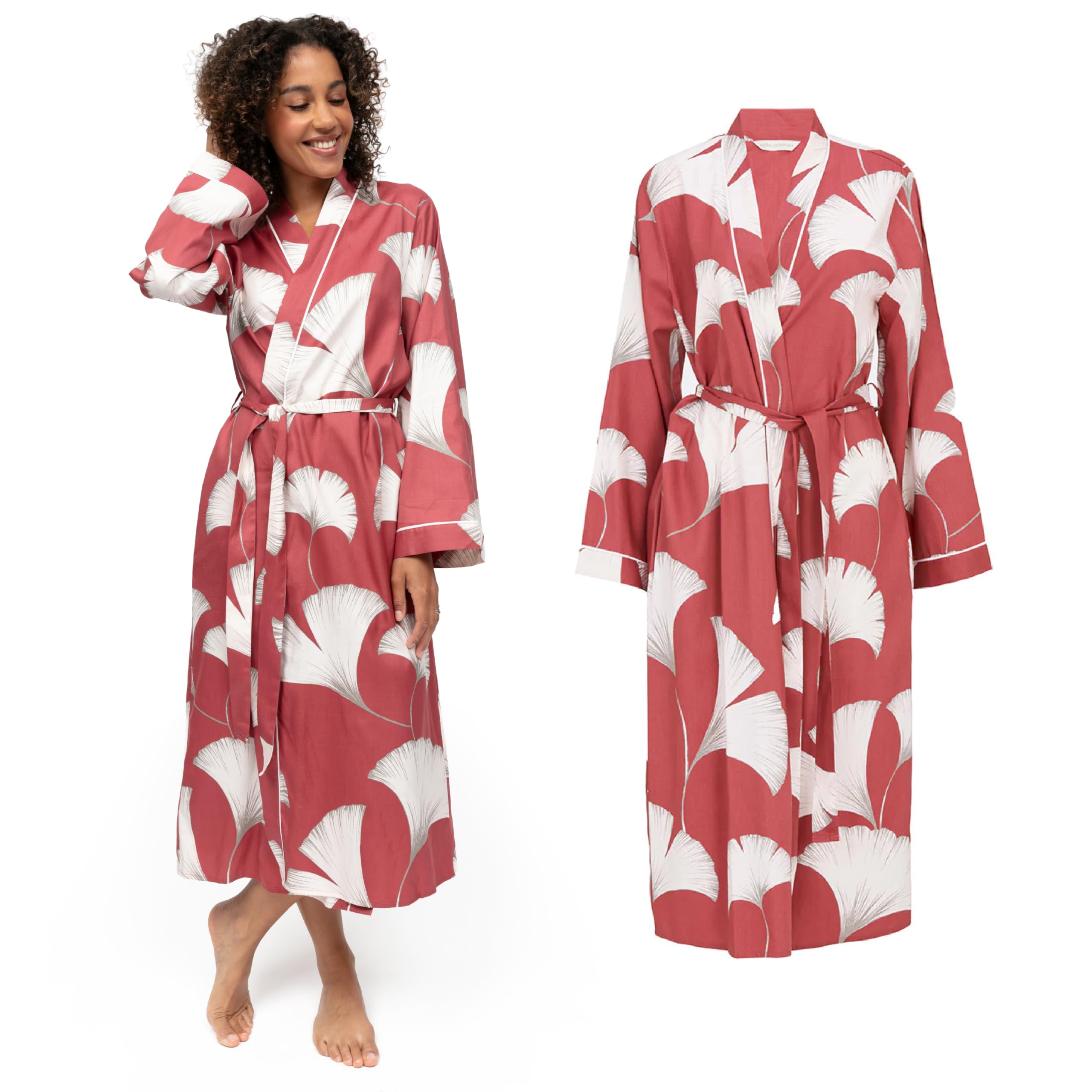 Cyberjammies Josie Terracotta Big Leaf Print Long Sleeve Long Dressing Gown - Terracotta