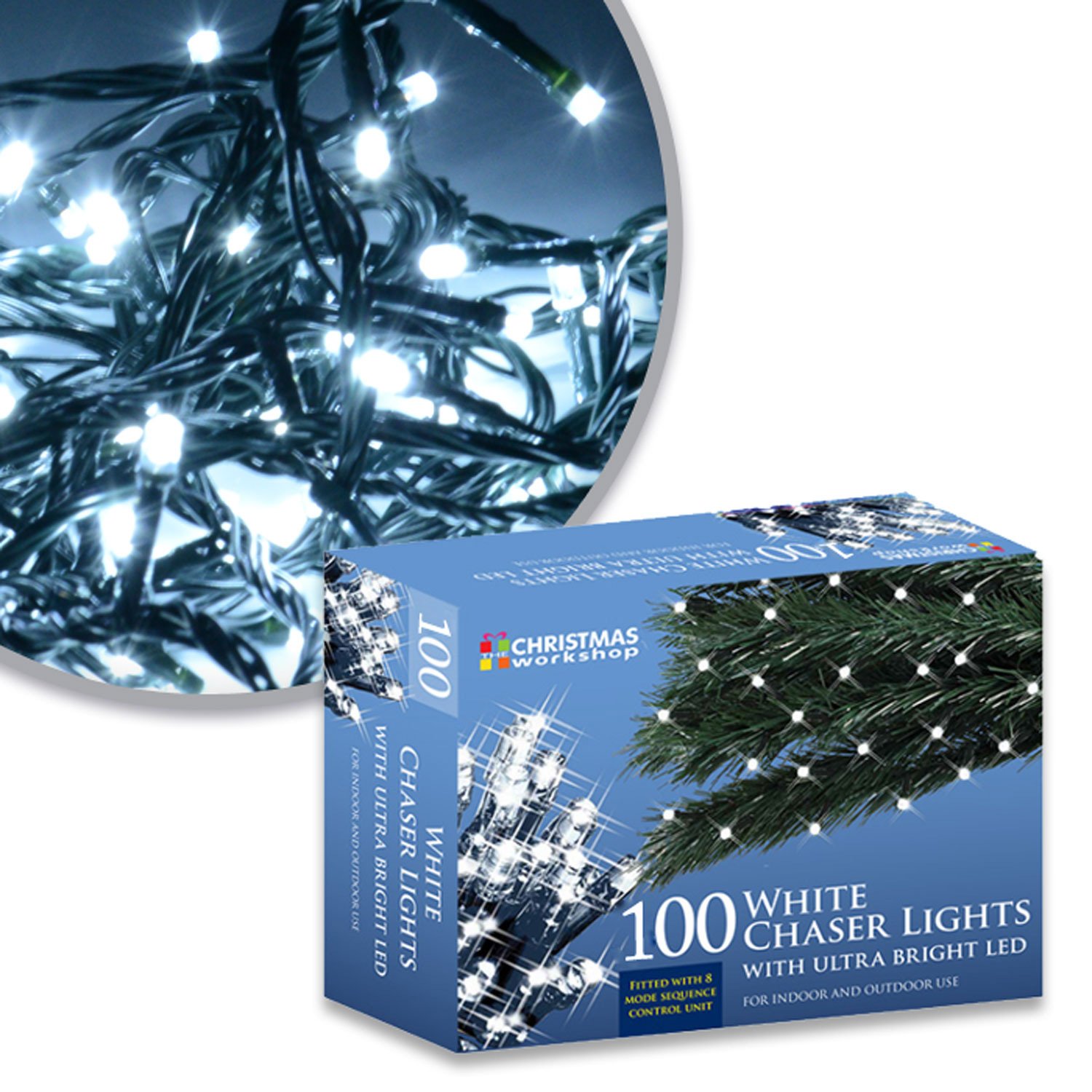 The Christmas Workshop 77320 100 Bright White LED Chaser Christmas Lights/Indoor or Outdoor Fairy Lights / 6.9 Metres / 8 Light Modes/Great for Christmas, Weddings & Gardens
