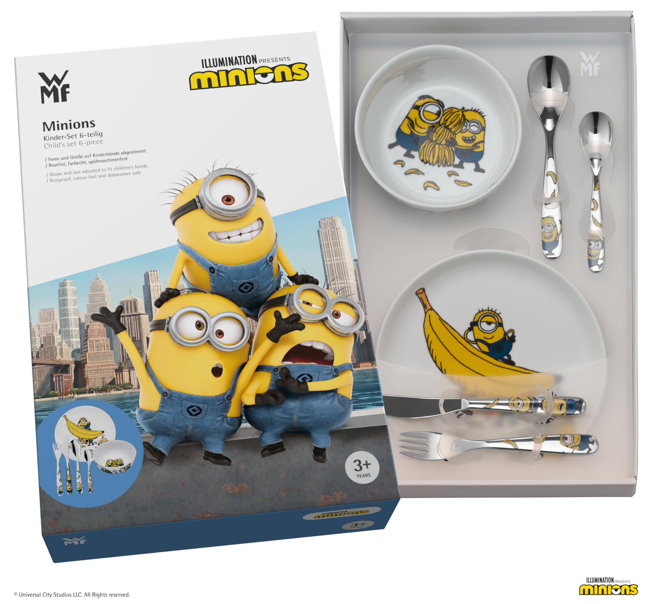 WMF Kinderbesteck & Geschirr Set Minions 6-teilig – personalisiert mit Gravur – für selbstständig essende Kinder ab 3 Jahren – Geschenk zum Geburtstag