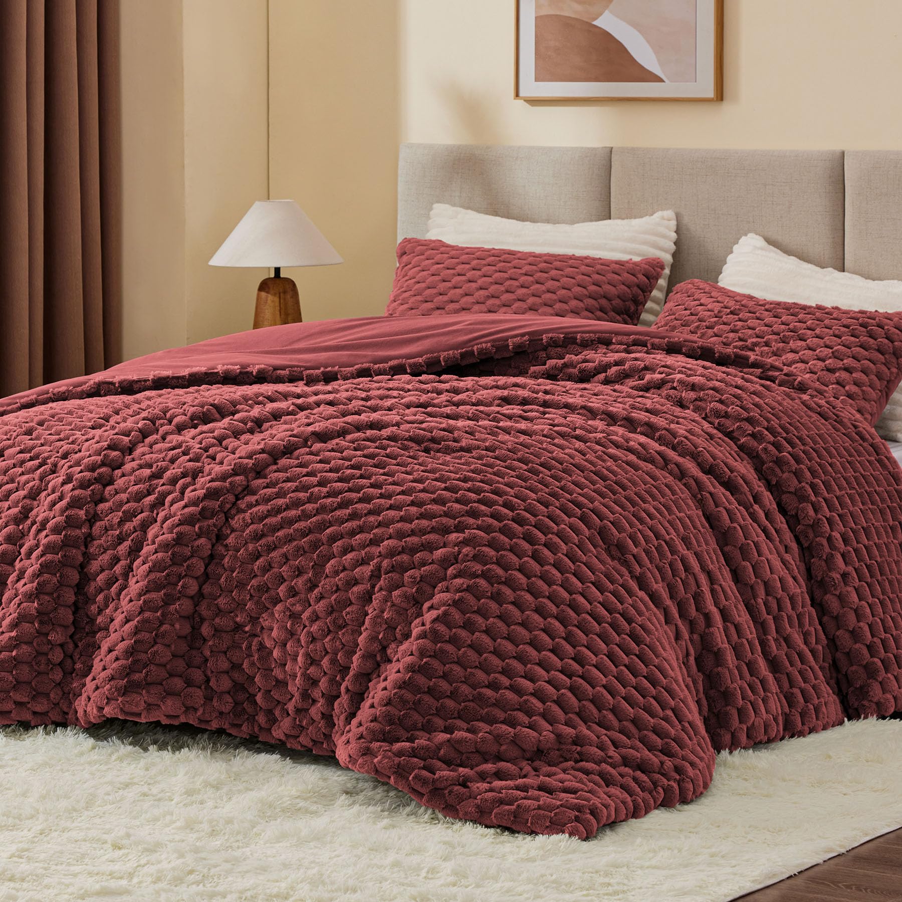BEDELITE Fluffy Queen Comforter Set, Burgundy Fleece Bed Set 3 Pieces | Soft &amp; Warm, Luxury Fuzzy Bedding for All Season, Cozy Room Decor Aesthetic, 1 Marshmallow Comforter with 2 Pillowcases