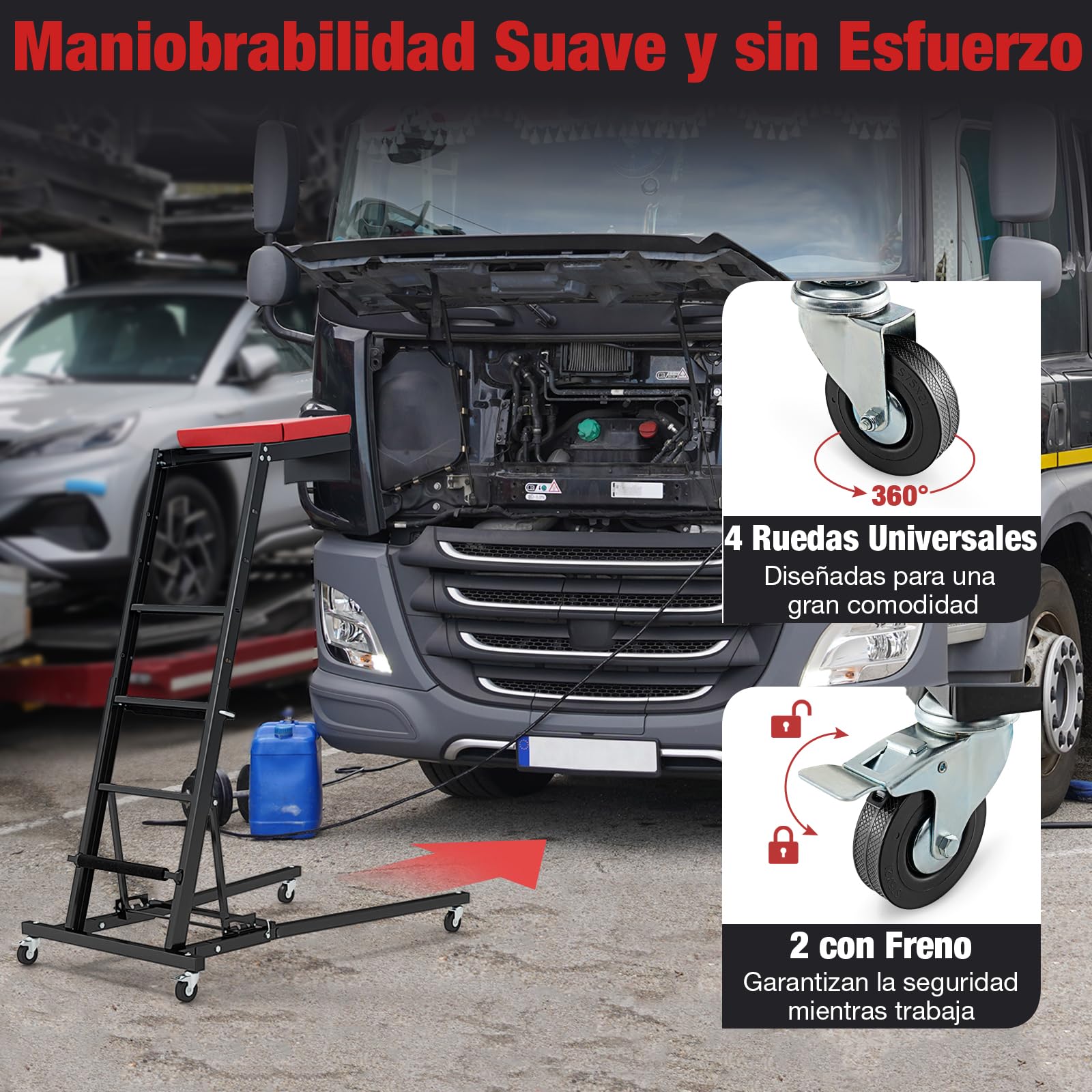 GOPLUS Enredadera Automotriz Superior Plegable, Escalera con Ruedas Carga 180 kg con 5 Niveles de Altura y 3 Ángulos Ajustables, Taburete de Trabajo para Garaje Taller Camión