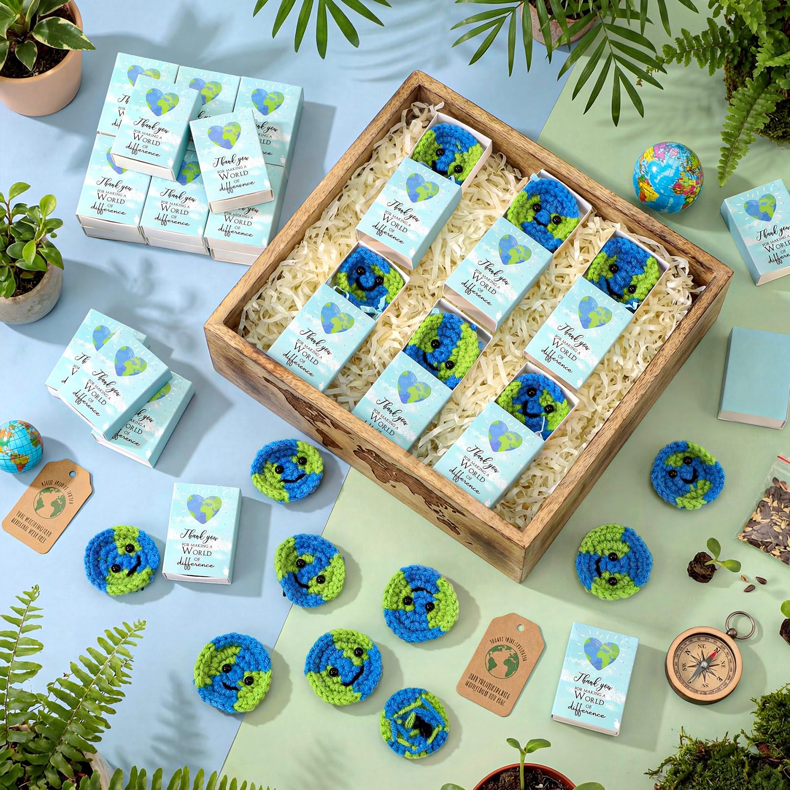 Wettarn 36 Sets Earth Day Gifts Pocket Hug Token Bulk Crocheted Earth with Box Encourage Positive World Environment Day Supplies Reduce Reuse Recycle Gifts for Women Friend Employees