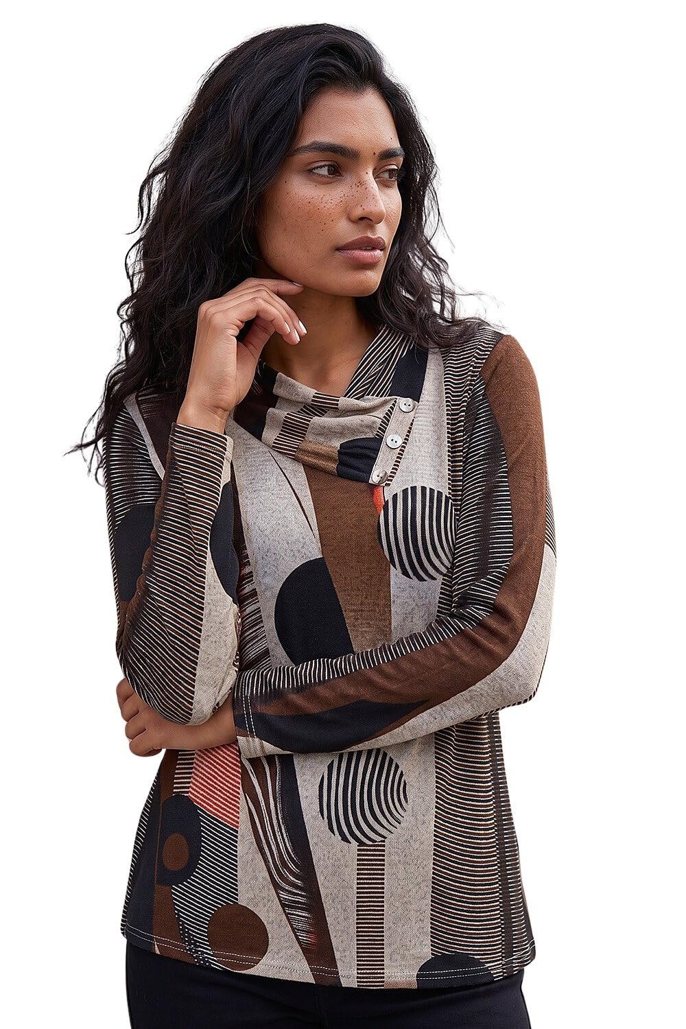 Roman Originals Women's Brown Abstract Roman Cowl Neck Long Sleeve Tunic Lightweight Longline Patterned Top Blouse Snit Autumn Winter Work & Casual Smart Wear Going Out Party Loungewear - Size 14