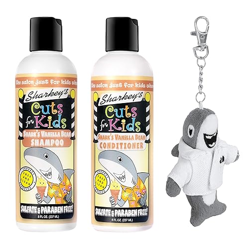 Champú y acondicionador para niños con aroma a vainilla de Sharkey con clip de mochila de felpa Baby Shark o clip para lonchera sin sulfatos y sin