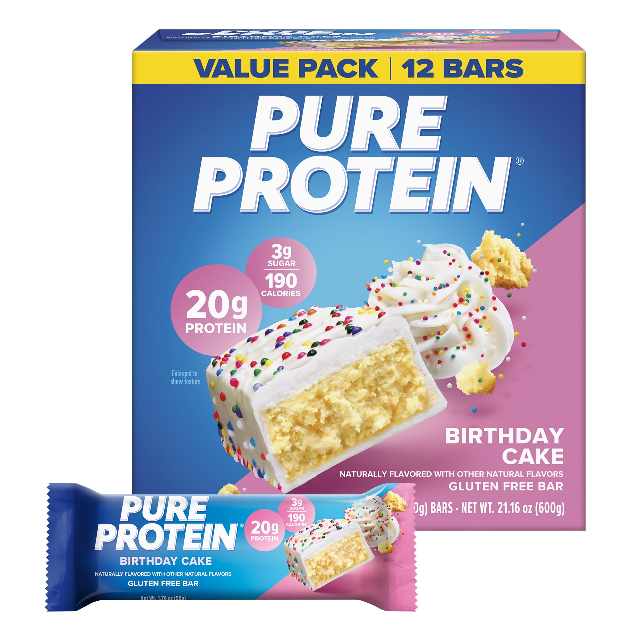 Pure Protein Birthday Cake Protein Bars, 20g Protein, Gluten Free, 12 Ct | 3g Sugar, 190 Calories, Low Sugar* High Protein Snack Birthday Cake 12 Count (Pack of 1)