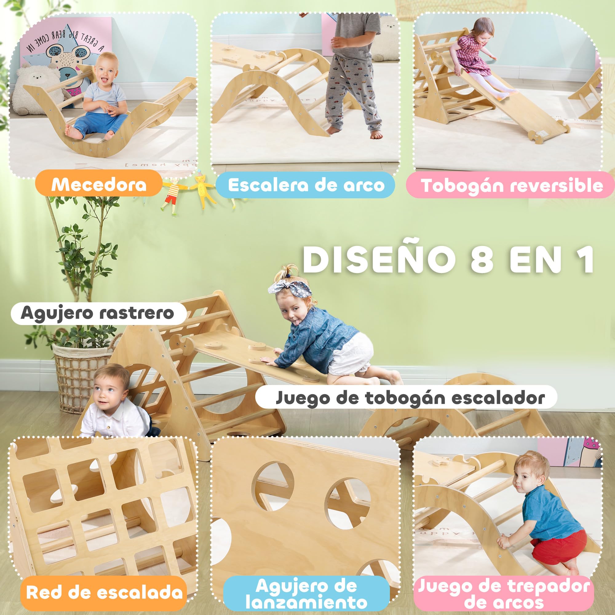 AIYAPLAY 8 en 1 Triángulo de Escalada Montessori con Arco y Rampa Escalada para Niños de Madera de 18-48 Meses con Bolsa de Arena 175x59,5 cm Natural