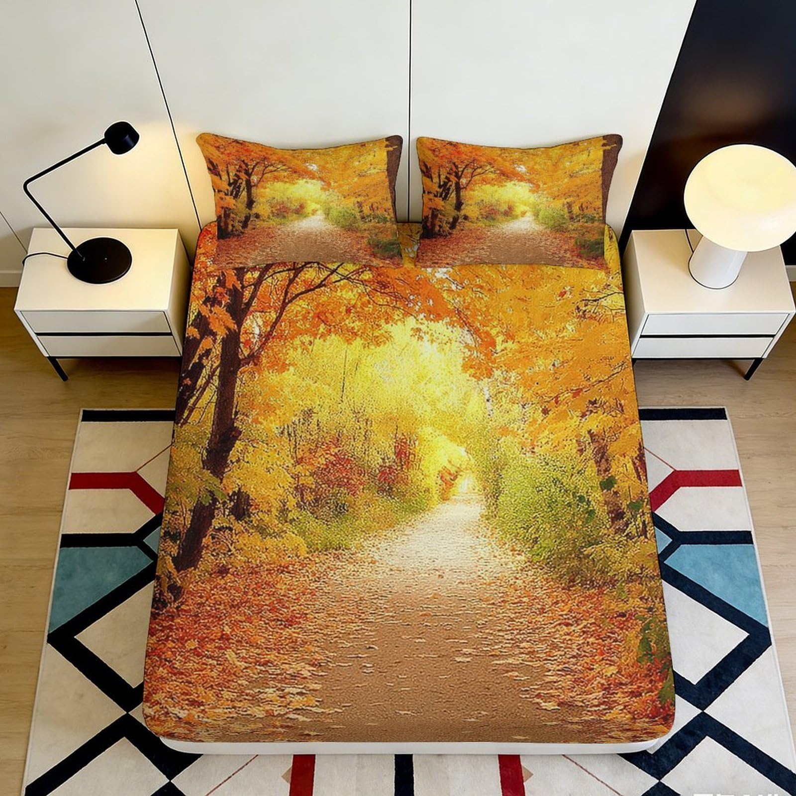 Pnayamiorkfel Style-10 3D Printed Autumn Forest Fitted Sheet Microfiber Soft Breathable Golden Path Mattress Cover For Bedroom Decor 90X200x25cm