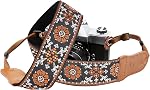 Padwa Lifestyle Camera Strap - 2" Wide Double Layer Cowhide Head Cotton Strap,Vintage Jacquard Embroidery Universal Neck & Shoulder Camera Straps for Photographers and All DSLR Cameras (Brown flower)