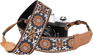 Padwa Lifestyle Camera Strap - 2" Wide Double Layer Cowhide Head Cotton Strap,Vintage Jacquard Embroidery Universal Neck & Shoulder Camera Straps for Photographers and All DSLR Cameras (Brown flower)