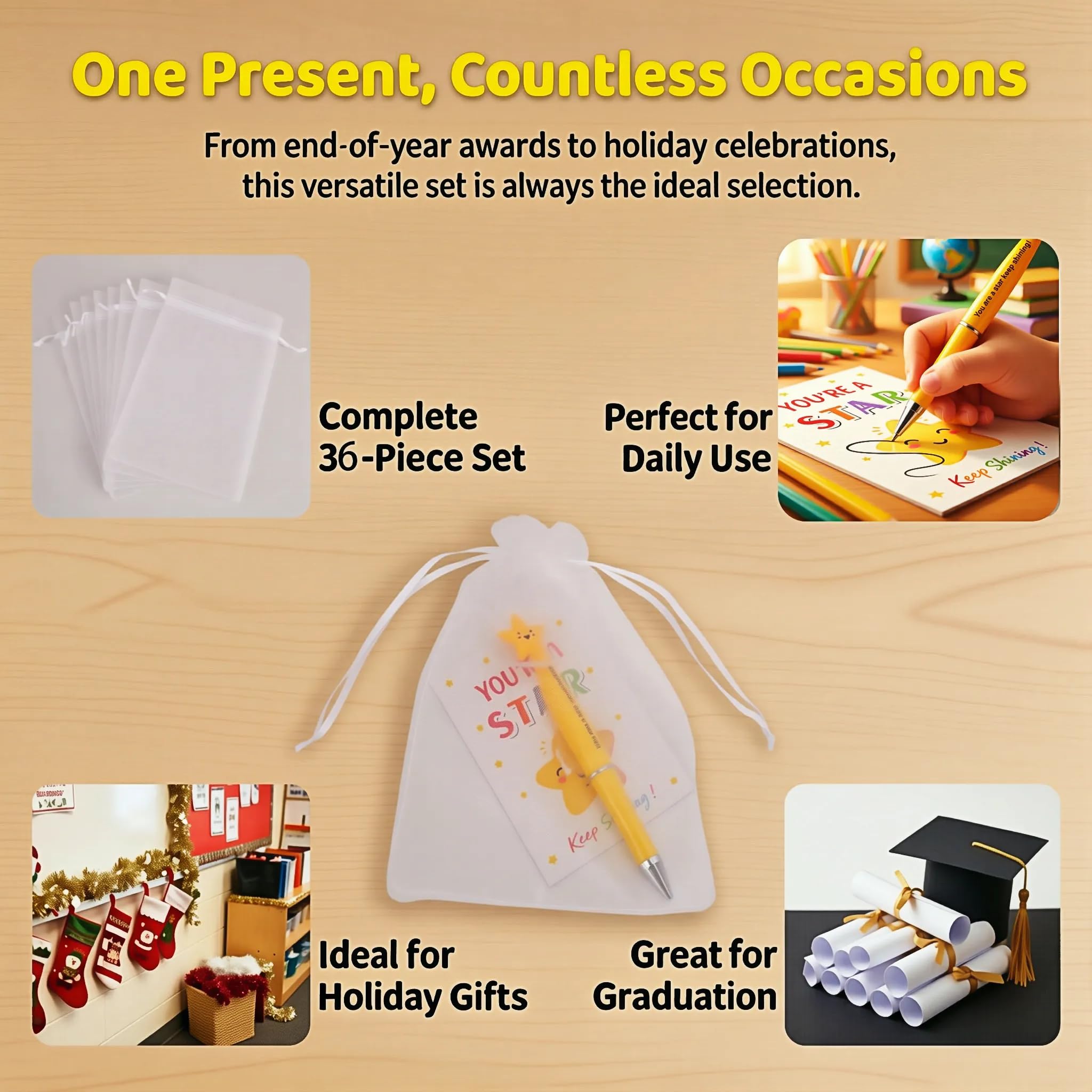 Regali di Fine Anno per Bambini, Confezione da 36 Regali di Fine Anno per 30 Bambini, Penne/Carte Motivazionali per Alunni/Borse Regalo per Lasciapassare Scolastici Regalo per Studenti Dagli