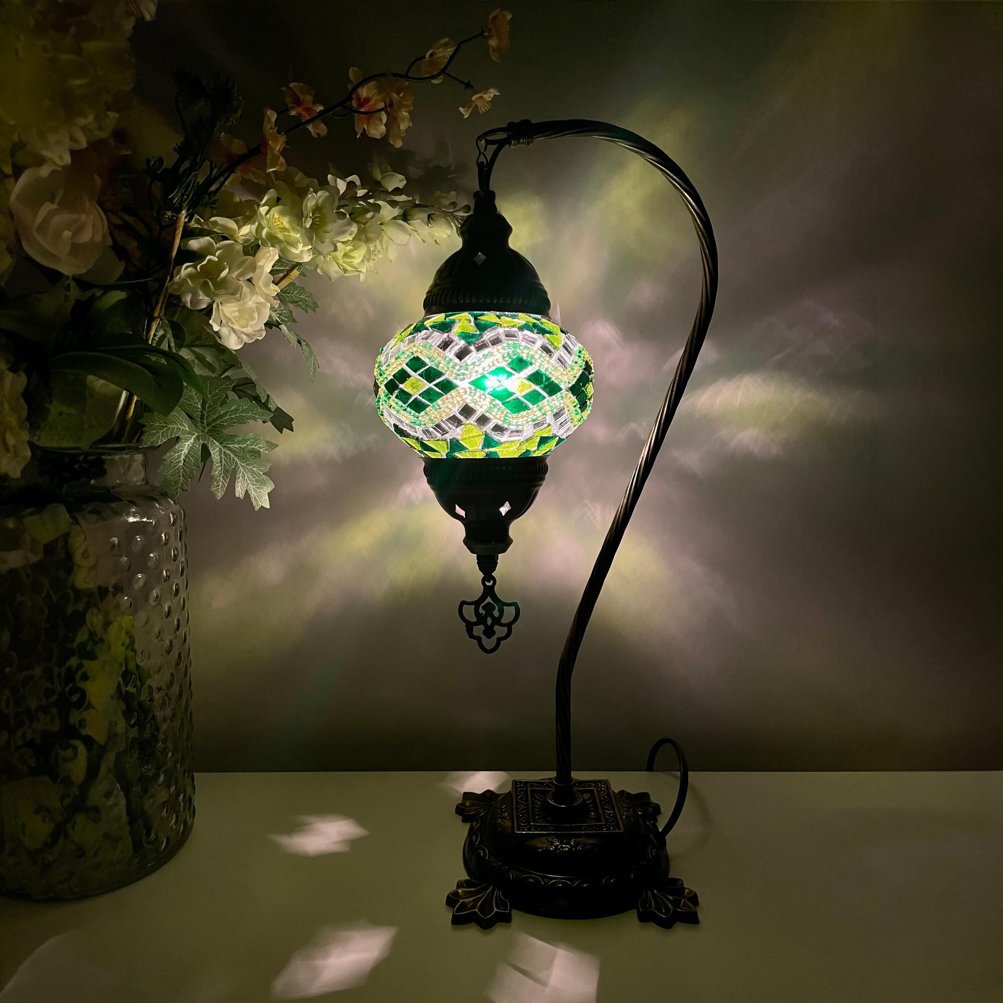 Lightza Handmade Turkish Moroccan Mosaic Desk Lamp LED Bulb | Swan Neck Unique Globe Lampshade Table Light | UK Tested Safe Energy Efficient (Green & White) — image 1