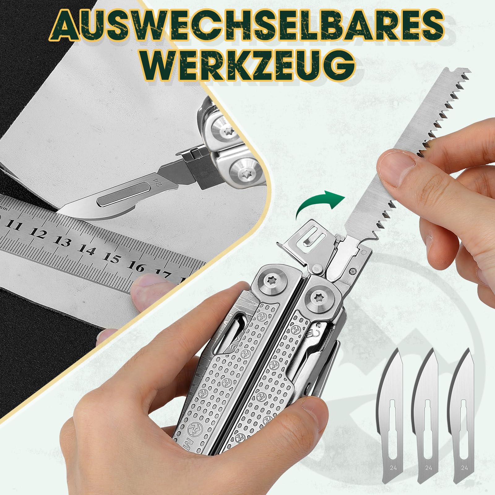 Multper Multitool Werkzeug, Geschenke für Männer, Aufgerüstetes Multi Tool Edelstahl Faltbares mit Damastmesser, Drahtschneider und Schraubendreherset, Multifunktionszange für Outdoor und Camping