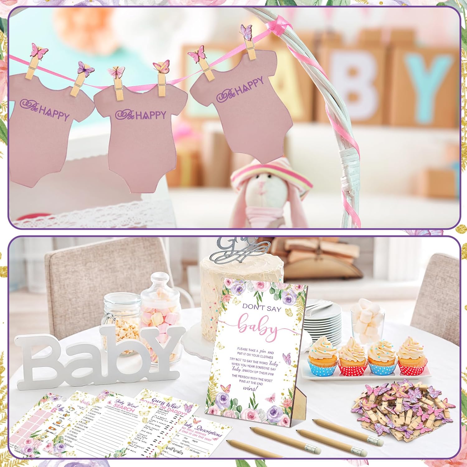 Patelai 321 Pcs Butterfly Baby Shower Decorations a Little Butterfly Is on The Way for Baby Shower Party Bingo Games Don't Say The Word for Pink Purple Gender Reveal Game Birthday Party Decor Supplies
