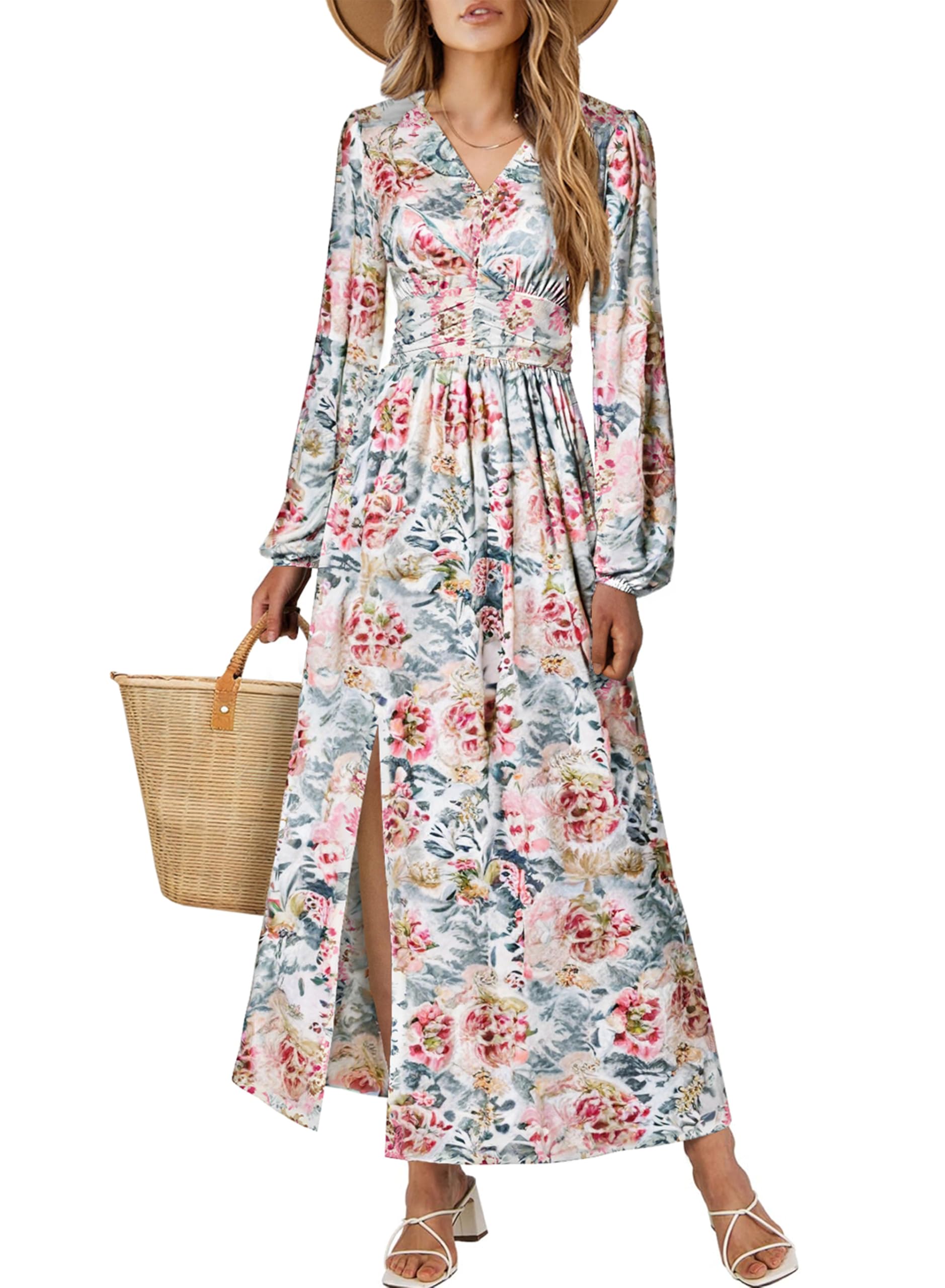 BLENCOT Long Sleeve V Neck Floral Maxi Dress for Women Casual Flowy Slit Ruched High Waist Cocktail Fall Dresses