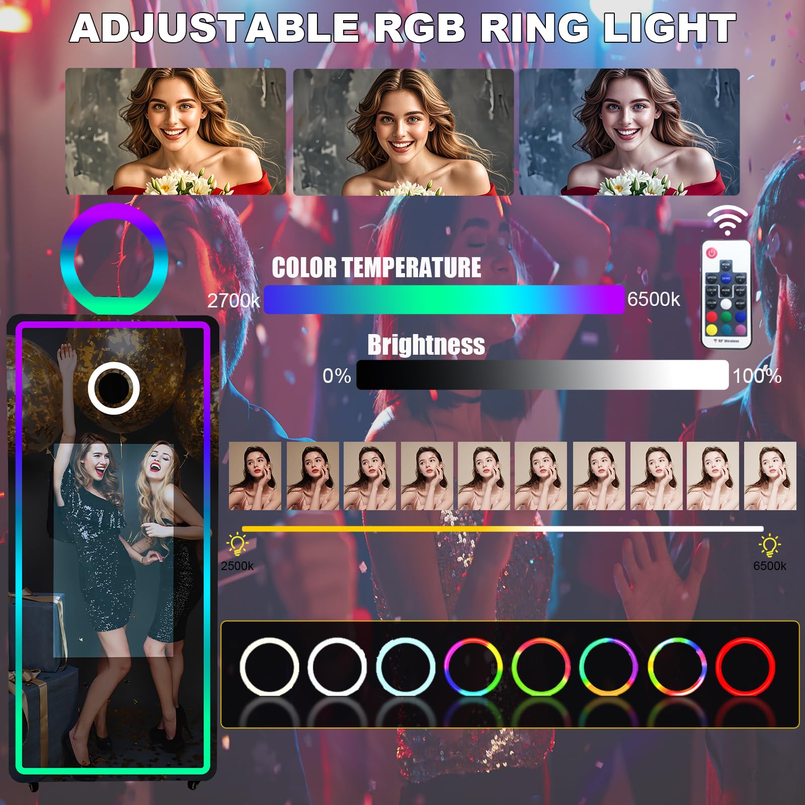 Magic Mirror Photo Booth z ekranem dotykowym 81.3 cm, ekran dotykowy z lustrzaną fotobudką z ramką LED i pierścieniem świetlnym RGB, 165 cm urządzenie do fotobudki do selfie na imprezy imprezowe (165