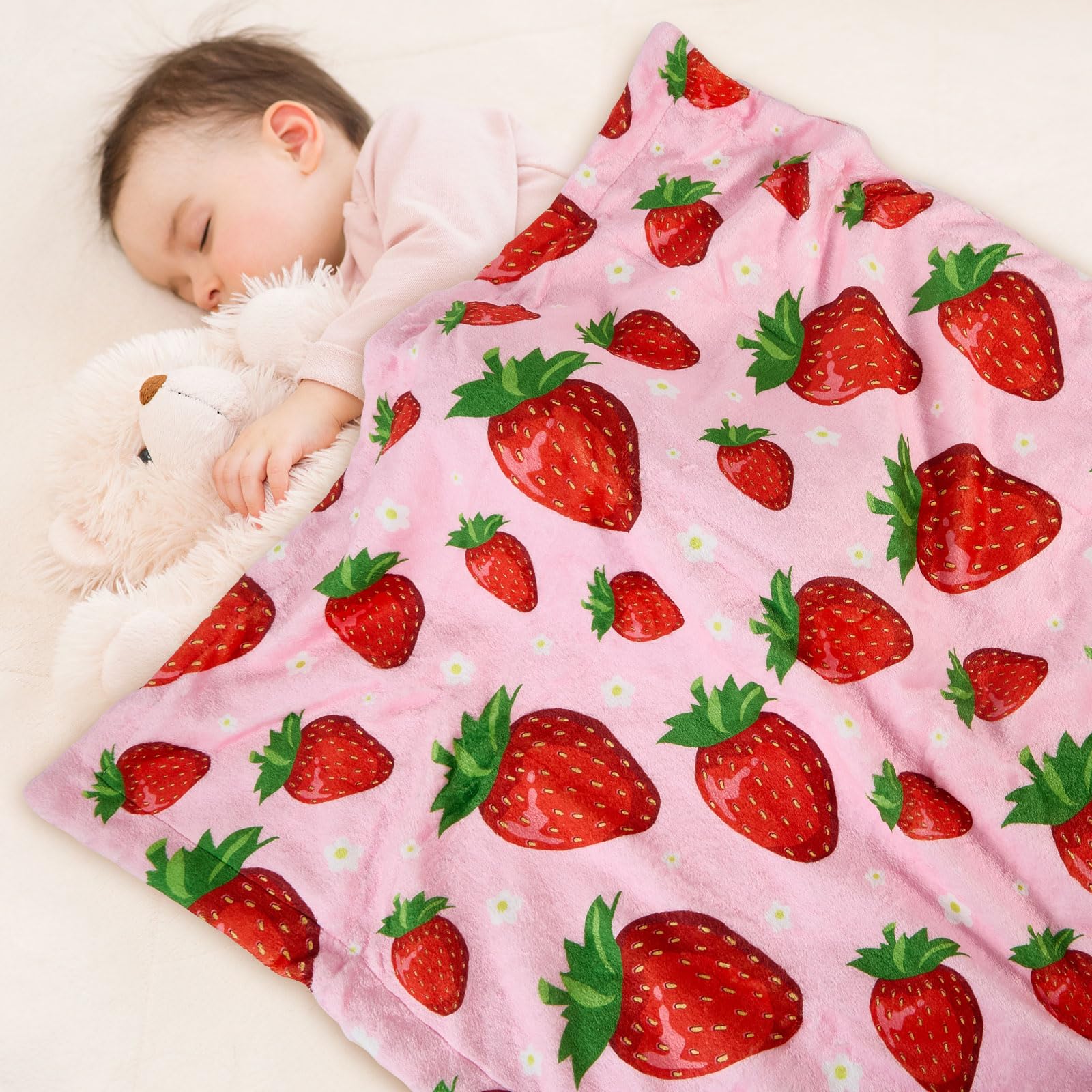 Manta de bebé de fresa para niños y niñas, manta de forro polar suave con respaldo de puntos, manta de doble capa para recién nacido, manta para bebé, cochecito, cuna, regalo para hijo, sobrino,