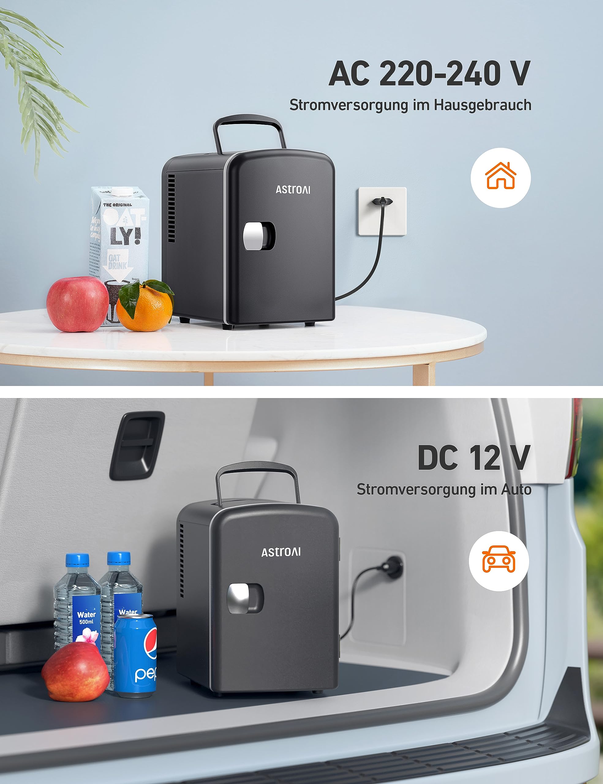 AstroAI Mini Kühlschrank, 4 Liter Fridge 6 Dosen, Kleiner Kühlschrank mit 220V AC+12V DC Netzkabel für Autos, Büros, Schlafsäle und Kosmetik, Schwarz