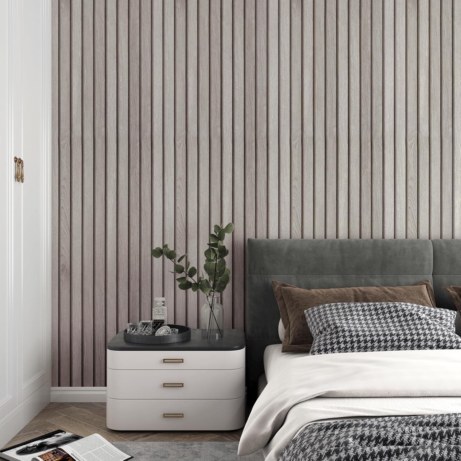 Decotalk Wood Slat Wallpaper Peel and Stick Grey Wood Slat Wallpaper 17.7"x120" Wooden Contact Paper Grey Wooden Gain Contact Paper for Cabinets and Drawers Walls Self Adhesive Removable Vinyl Wrap