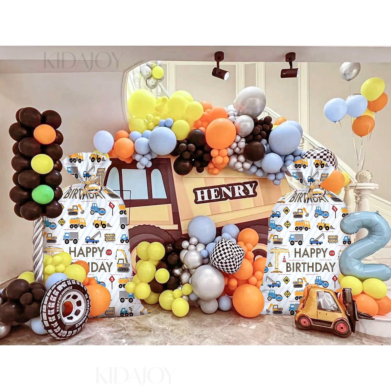 2Pcs Extra Large Construction Birthday Plastic Gift Bag for Boys 36x56 Inch Jumbo Gift Bags Trucks Excavators Cranes Vehicle-Themed Kids Happy Birthday Parties Favors Decorations