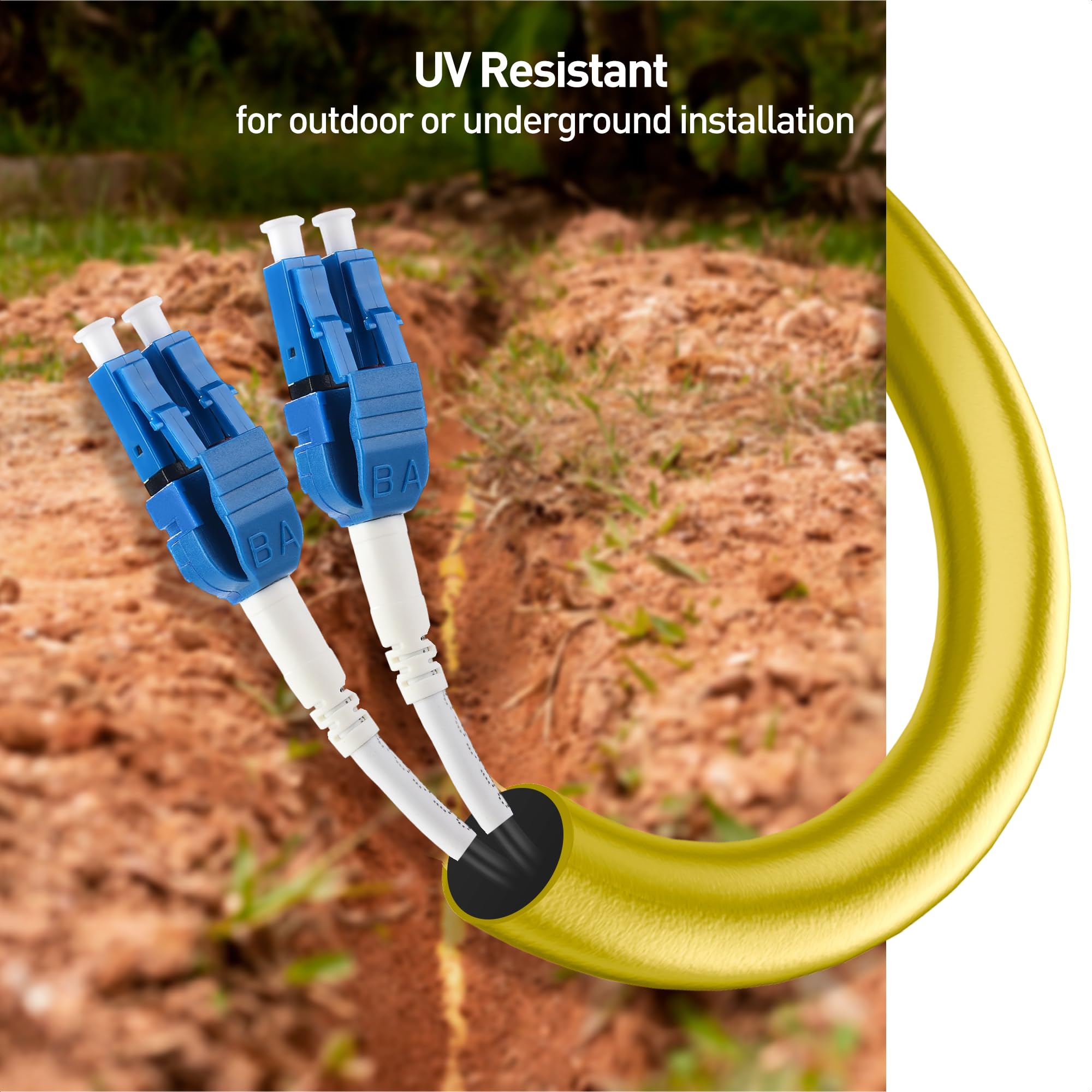 Cable Matters Uniboot OS2 - Cavo patch in fibra corazzata da LC a LC per esterni, 45,7 m, modalità singola duplex 9/125, LSFRZH, supporto diretto per sepoltura con rivestimento resistente ai raggi UV