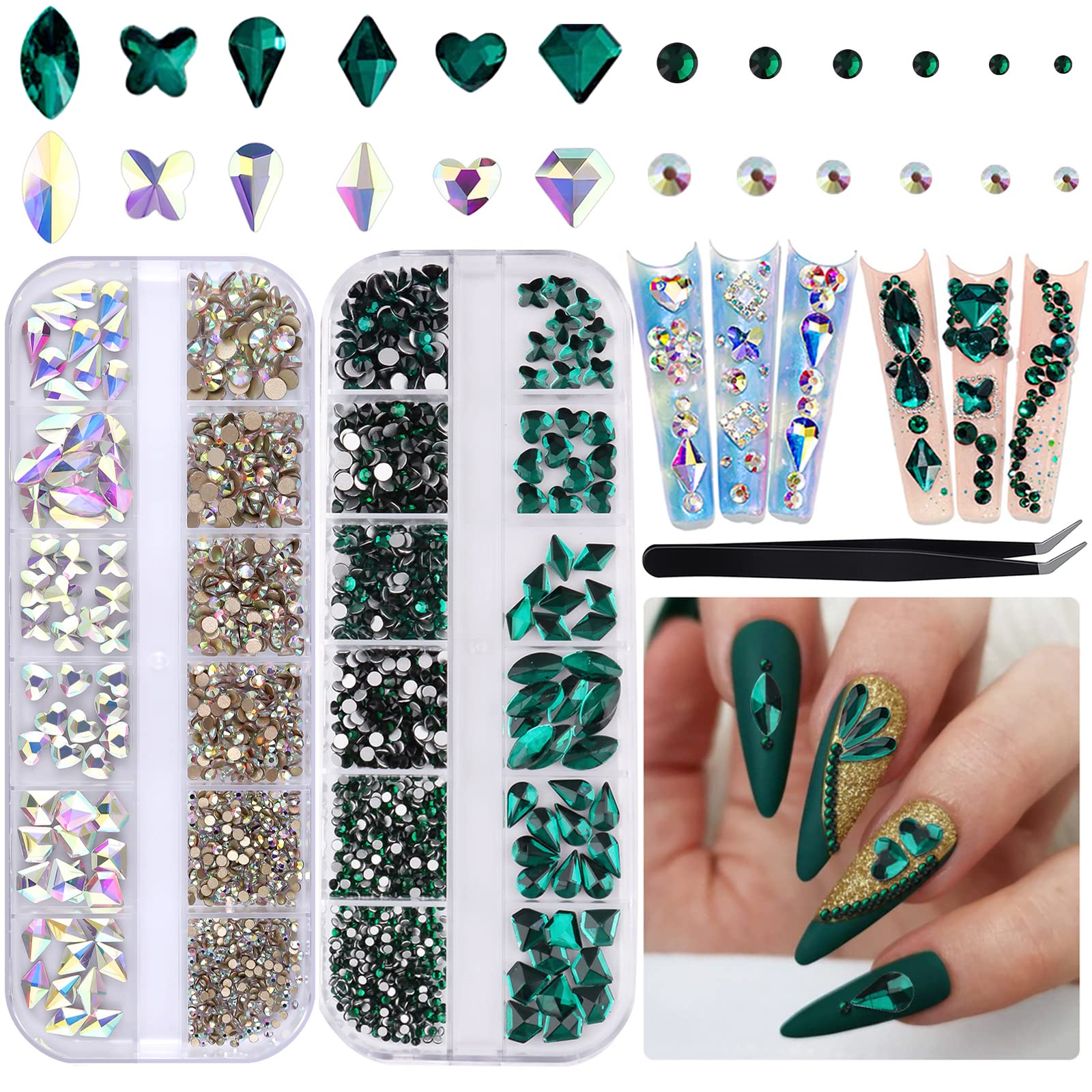 Amazon.com: EBANKU Green AB Nail Diamonds Rhinestones Emerald Aurora Nail  Gems for Nails Mix Shaped Flatback Nail Art Stones Rhinestones Gemstones  with Tweezers(Dark Light Green) : Everything Else