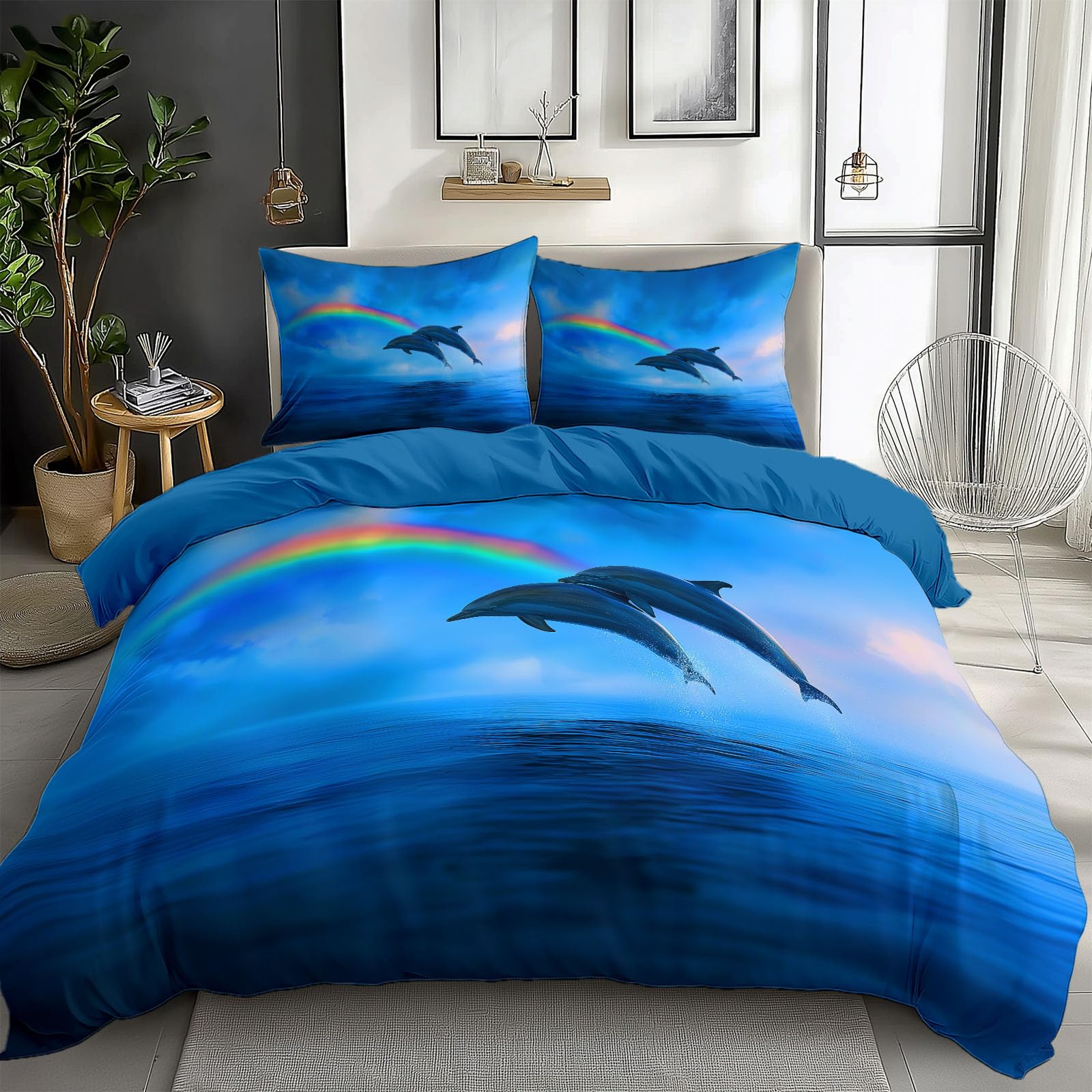 Juego de cama de 155 x 220 cm con funda de almohada, diseño de delfín