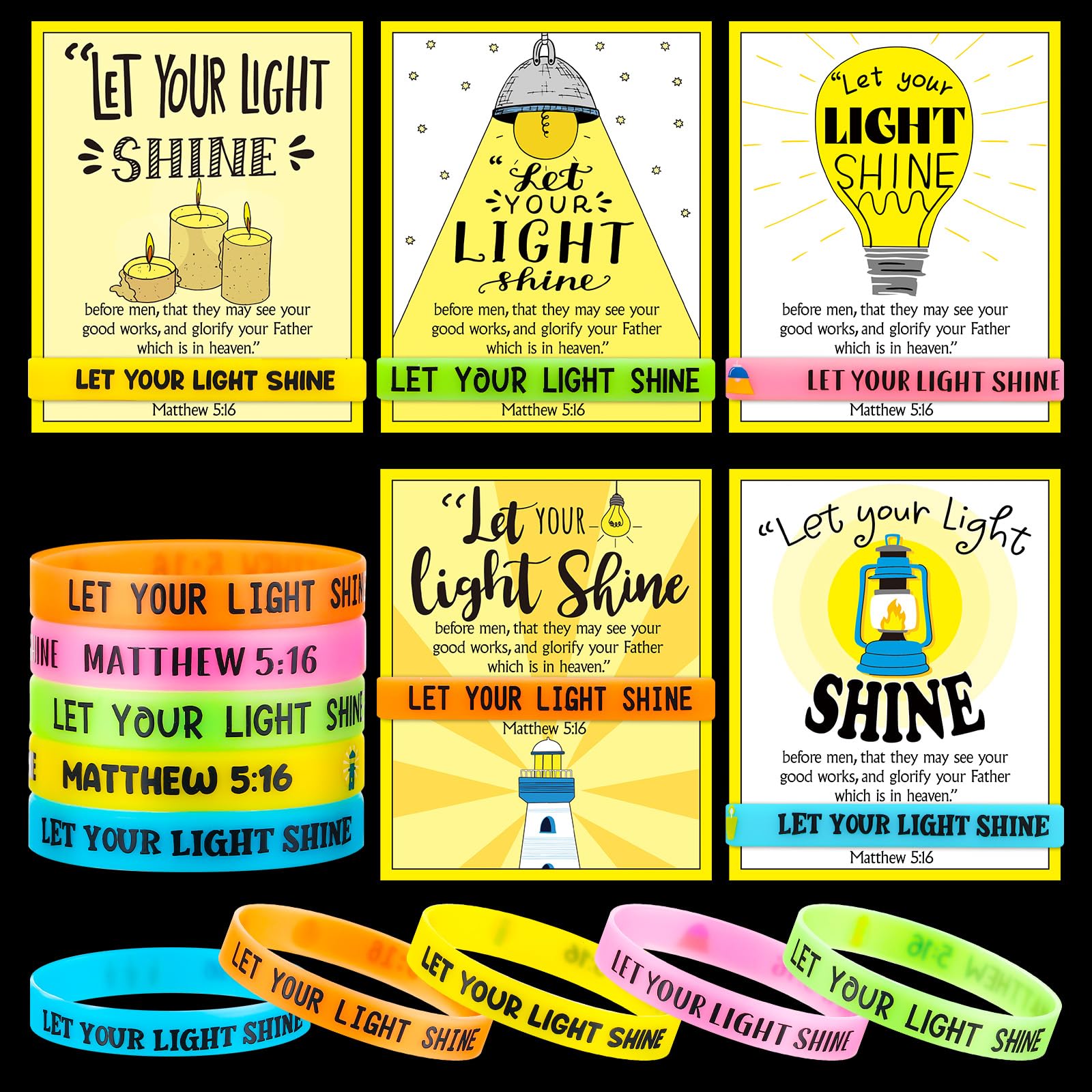 Humyoun 30 Sets/ 60 Pcs Christian Bracelets Gift Let Your Light Shine Matthew 5: 16 Wristbands with Bible Verse Card Glow in the Dark Religious Gifts