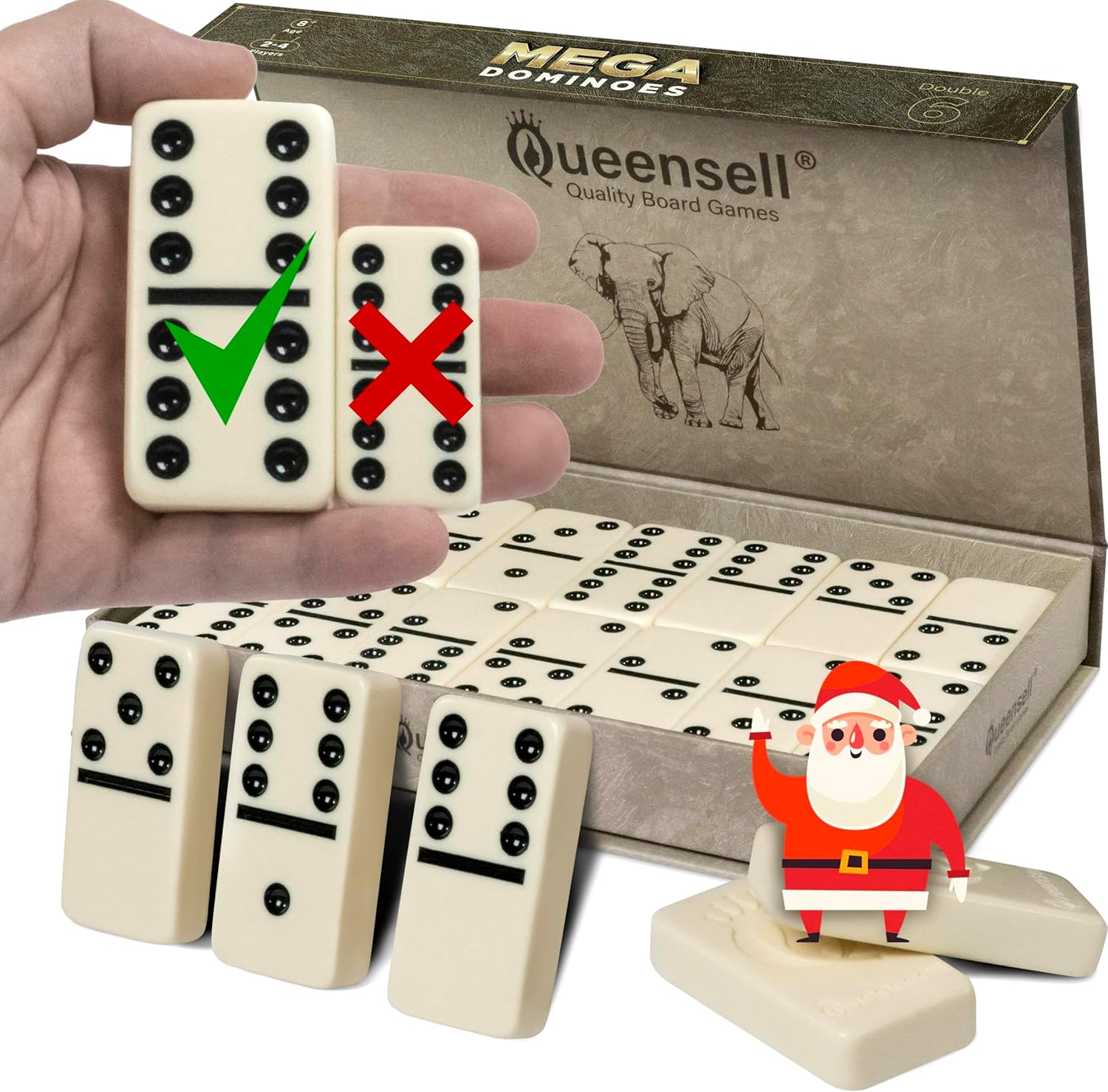 Queensell Mega Large Dominoes Set in gift case with a hand holding a large domino next to a smaller one for size comparison.