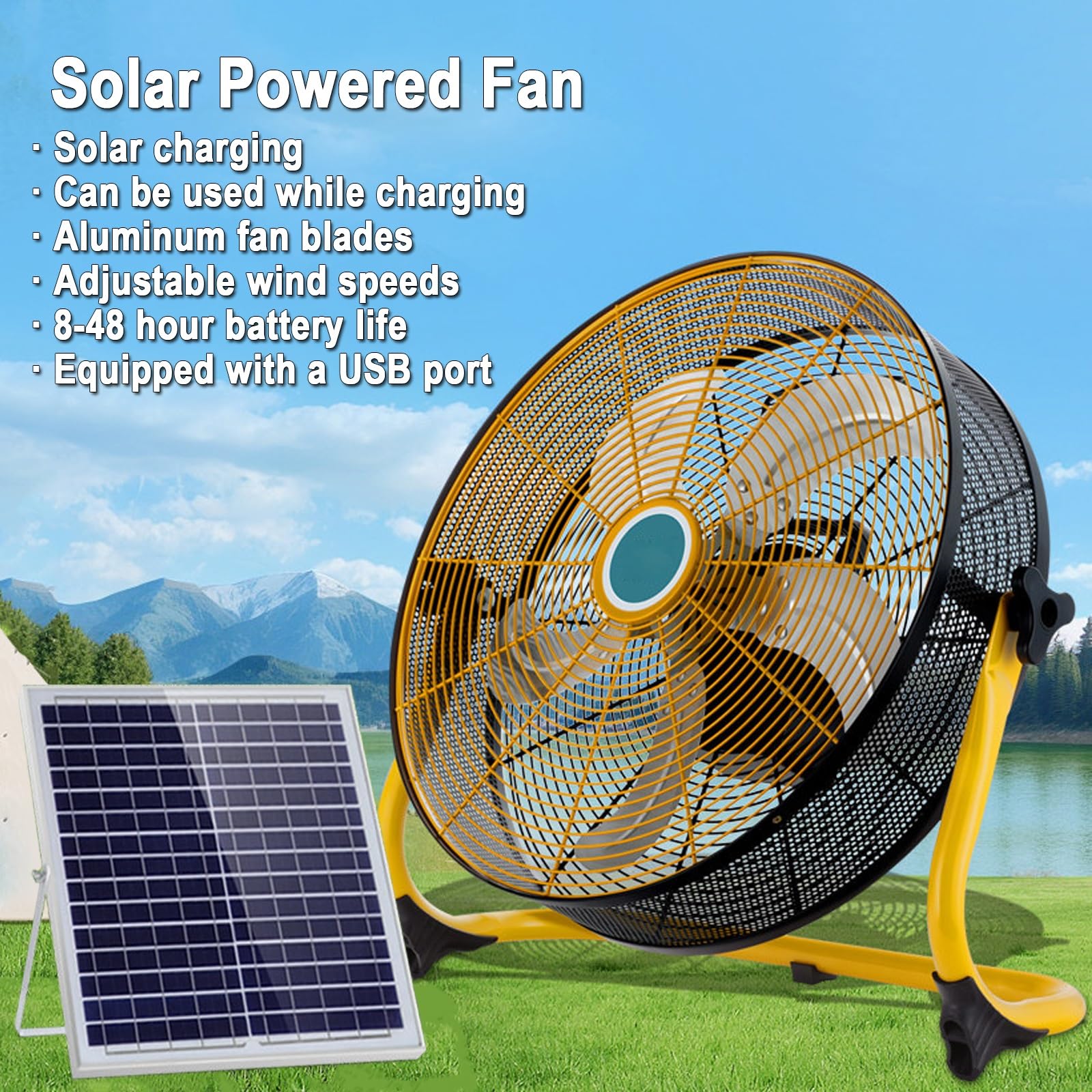 Ventilador Solar Potente, Ventilador con Placa Solar y Batería 8000mAh, 12 Velocidades Metal, Inclinación 90°