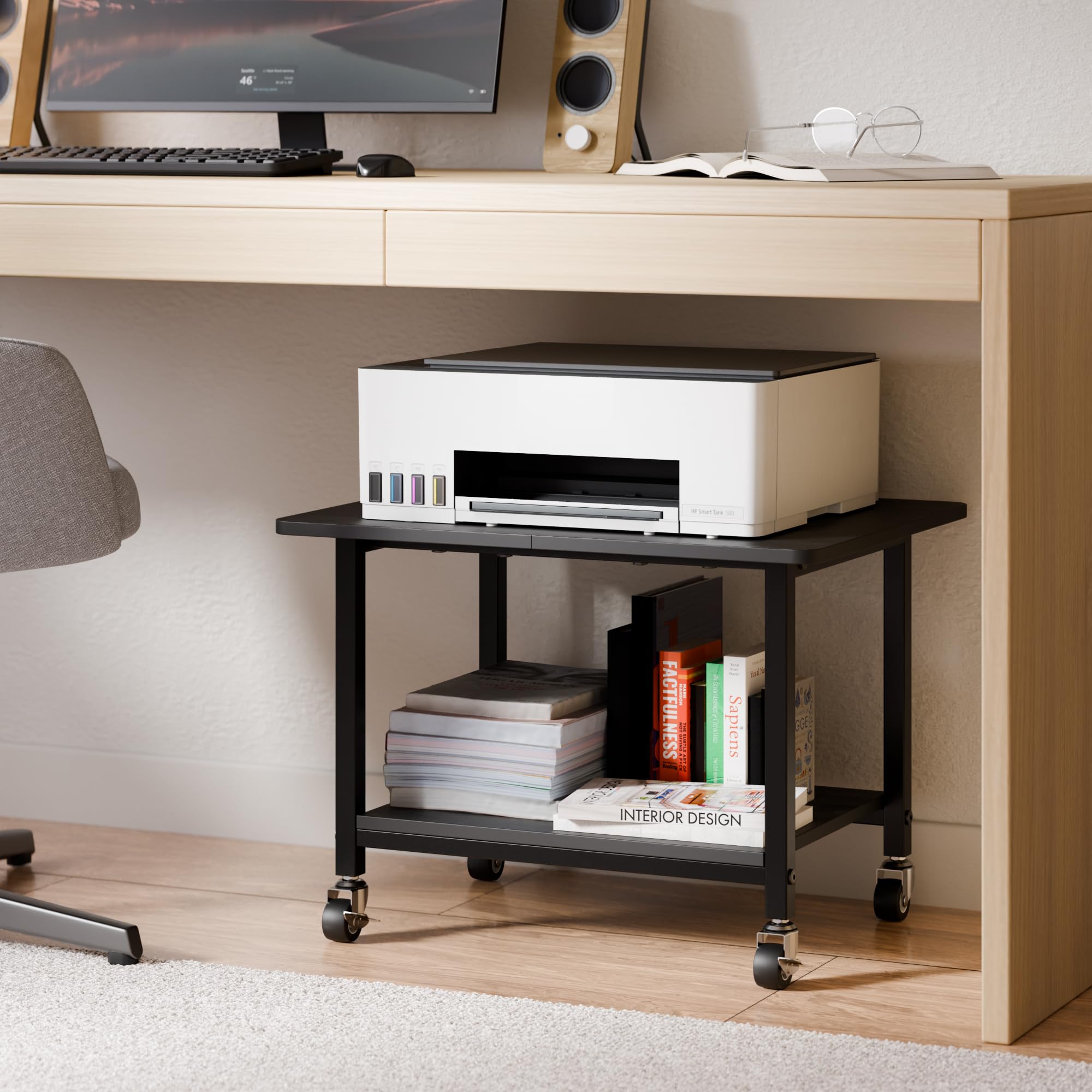 niffgaff Soporte para impresora con ruedas bloqueables, carrito de impresora rodante de 2 niveles con estante de almacenamiento, mesa compacta de madera y metal para oficina en casa, negro, 20.1 x