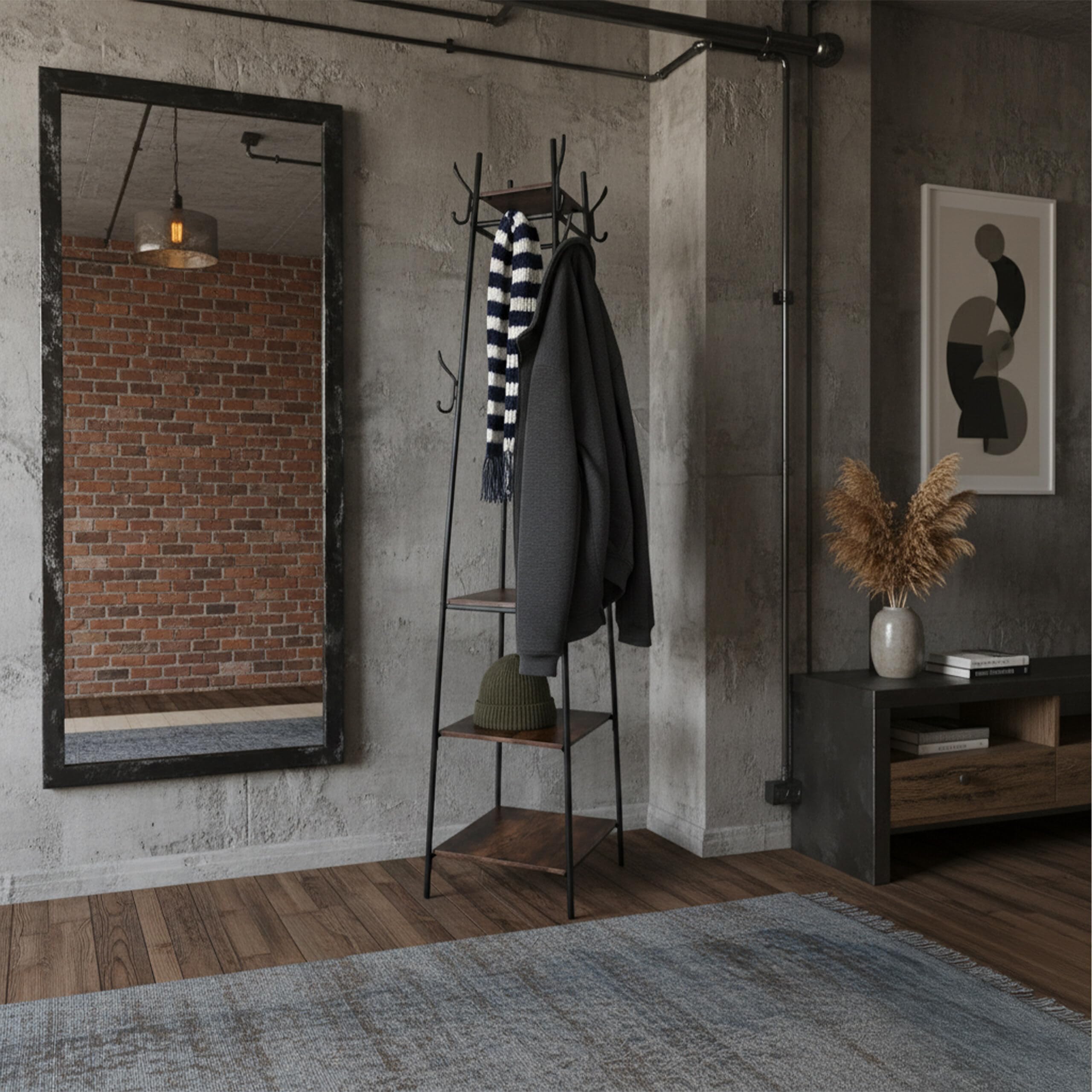 Relaxdays Appendiabiti, 8 ganci, 4 ripiani, HLP 180 x 43 x 43 cm, stender, metallo e MDF, nero/marrone scuro