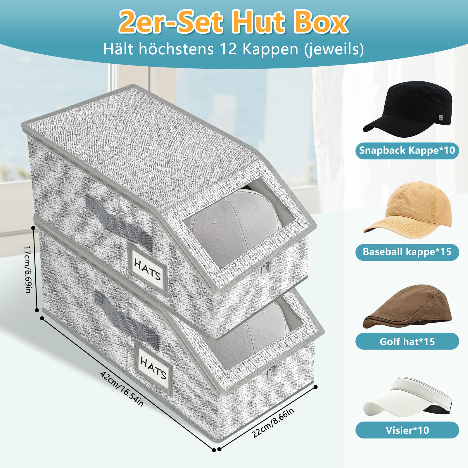 Lot de 2 Boîtes de Rangement pour Chapeaux, Organiseur de Chapeau | Empilable, avec fenêtre claire, double fermeture éclair, pour casquettes et chapeaux, armoire et étagère