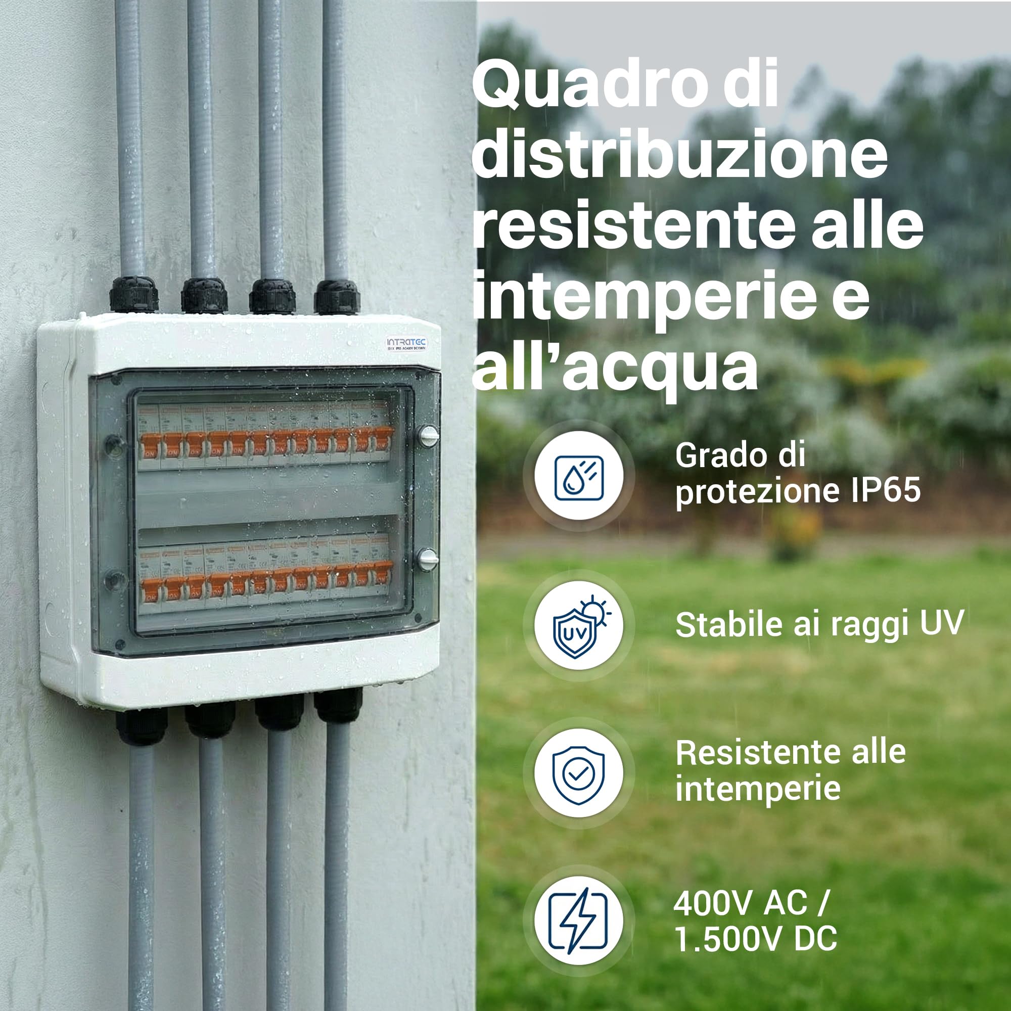Intratec Centralino da Parete 2 Fila IP65 – Quadro Elettrico per 24 Moduli DIN – Cassetta di Sottodistribuzione Stagna per Esterni Garage Cantina Giardino – 400VAC 1500VDC, 318 x 384 x 144 mm