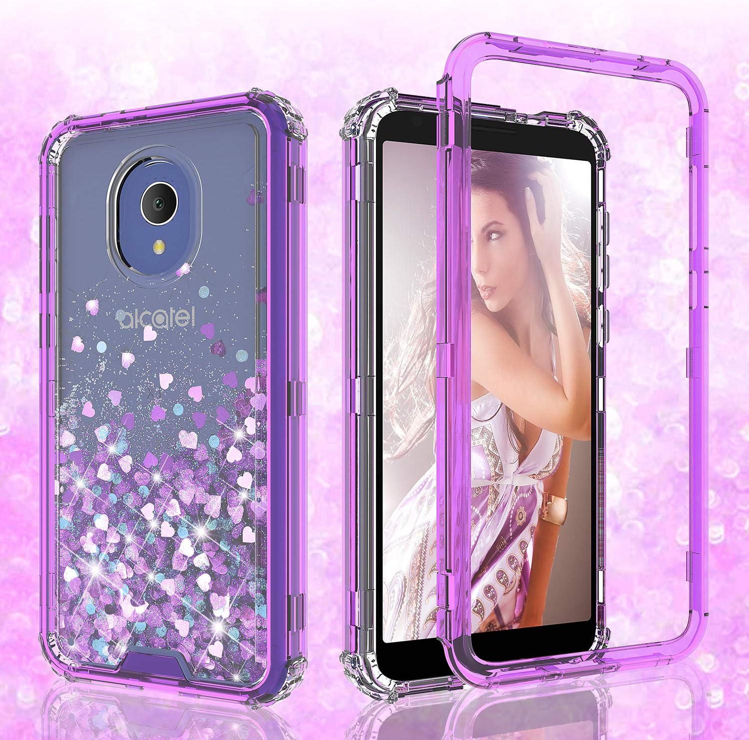 Alcatel Avalon V Case/Alcatel 1X Evolve Case/Alcatel TCL LX (A502DL)/IdealXTRA Case,Hard Clear Glitter Sparkle Liquid Heavy Duty Shockproof Three Layer Protective Bling Girls Women Cases - Purple