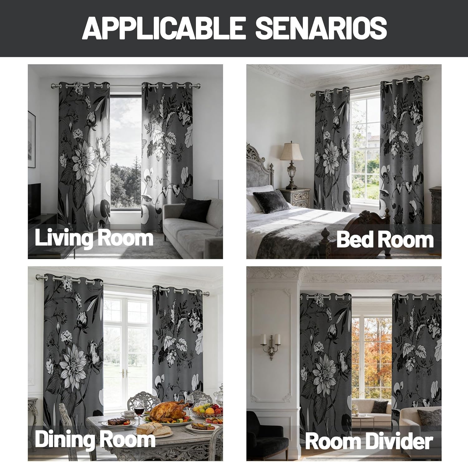 Dark Gray Vintage Botanical Blackout Curtains Patterned Black and Charcoal Grey Floral Window Drapes for Mens Bedroom Living Room, 84 inch Length 2 Panels Set, 52x84 inch