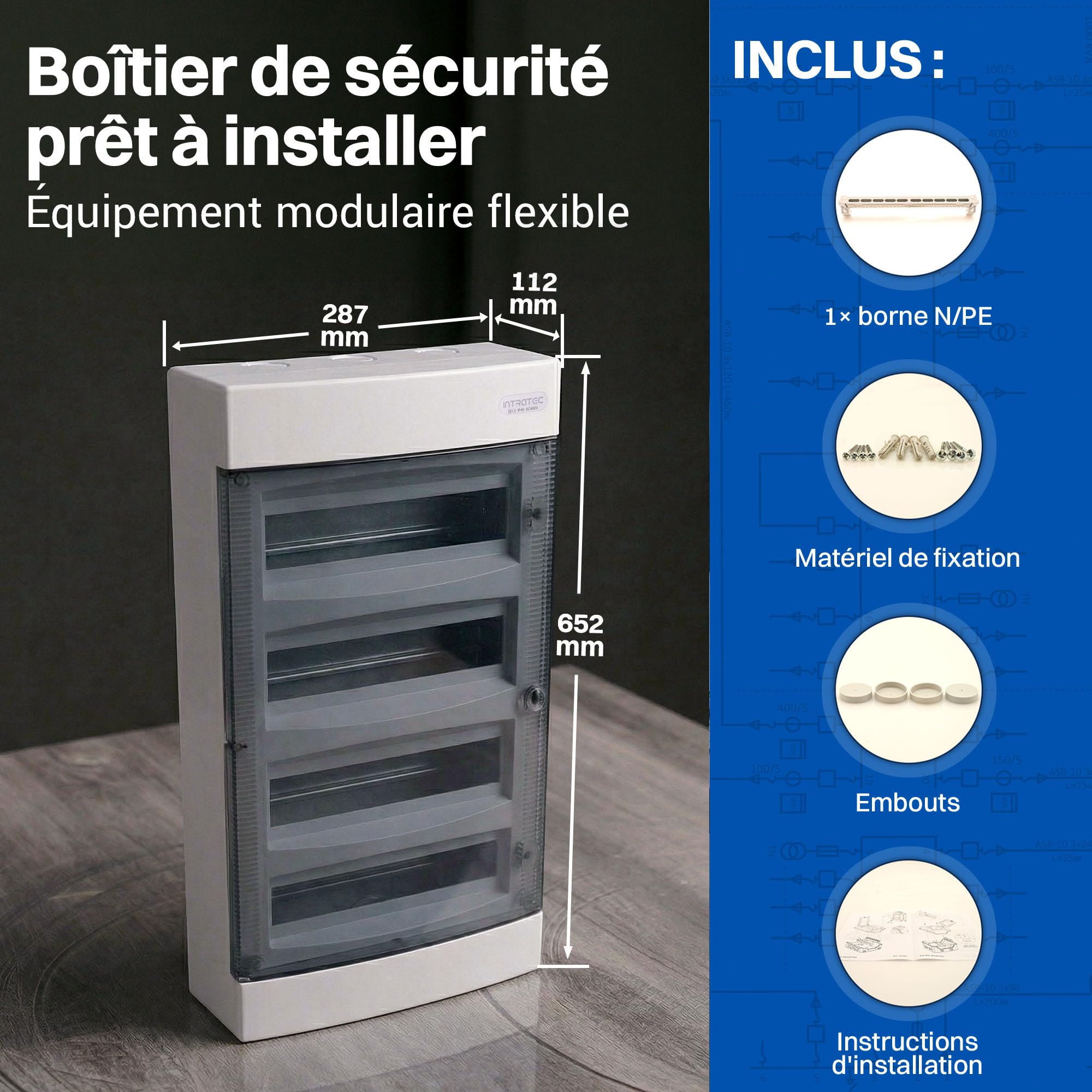 Intratec Coffret de distribution en saillie, IP40 – Boîtier de distribution intérieur, coffret avec porte transparente pour installation en pièce sèche, 4 rangées, 48 modules, 652 x 287 x 112 mm