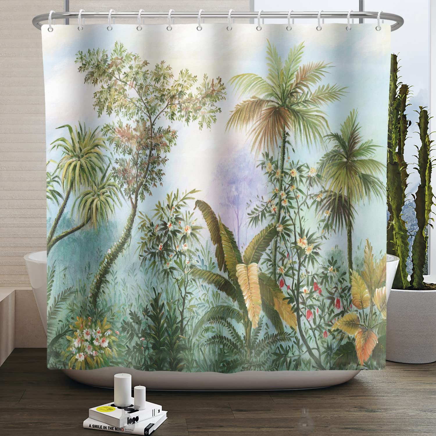 SDOTPMT 152x183cm Palm Tree Shower Curtain Tropical Plant Green Tree Leaves Flower Bath Curtain Rural Natural Landscape Bathtub Curtain for Kids Bathroom Fabric Polyester Waterproof with Hooks - Image 2