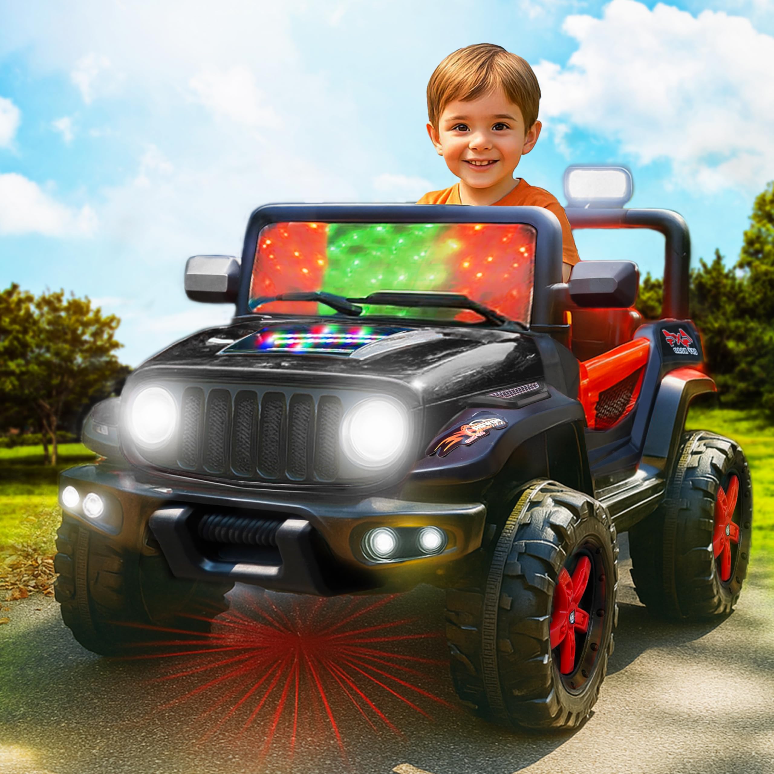 Kidsmate Power Ride Big Battery Operated Car for Kids with LED Lights,Ride On Jeep,4 Wheel Electric Car with Remote & 12V Rechargeable Battery, Perfect Riding Toy for Boys & Girls Ages 3-8 Yr (Black)
