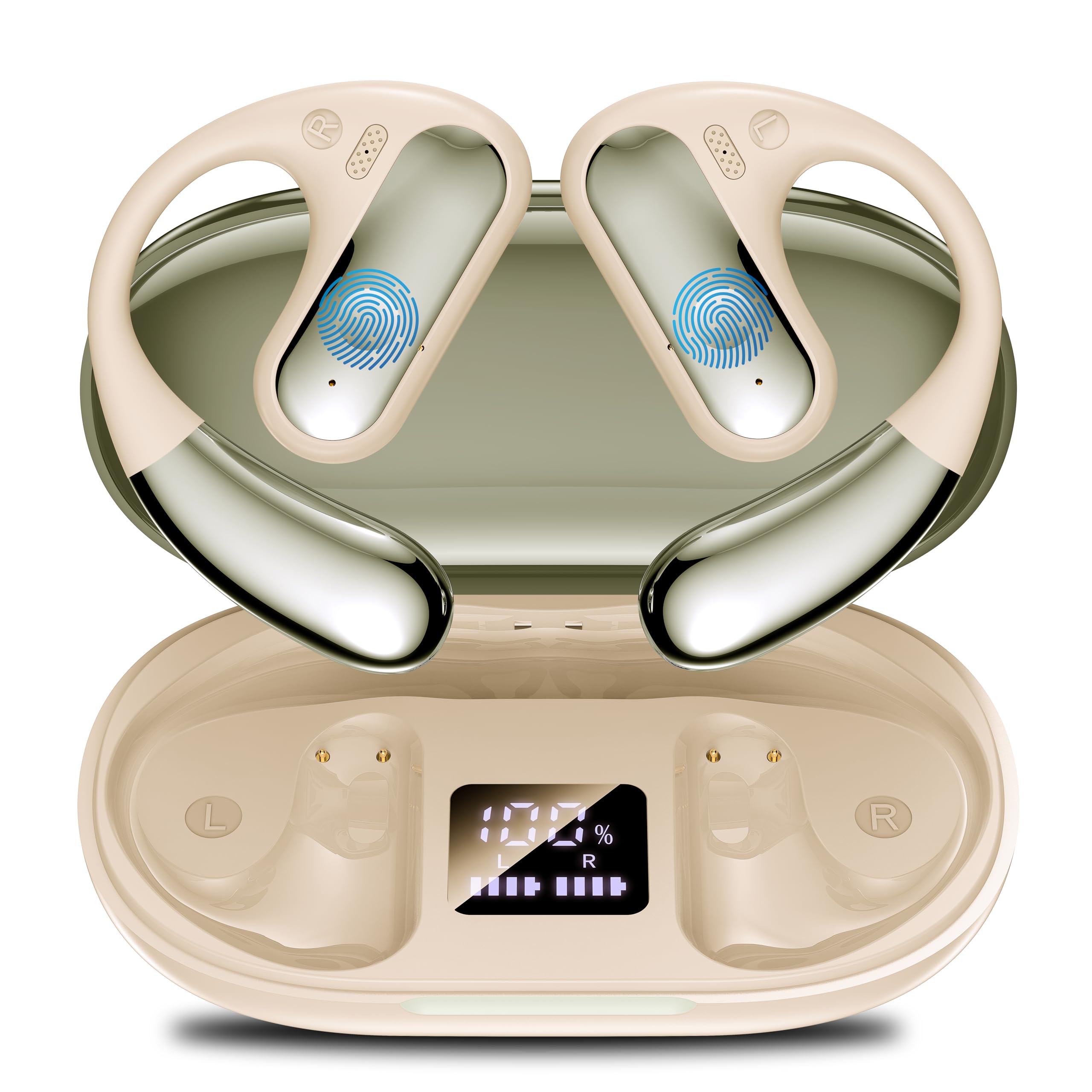 EUQQ Cuffie Conduzione Ossea Cachi - Auricolari Bluetooth Sport con Tecnologia Bluetooth 5.4, Design Aperto Ore, 50 Ore di Riproduzione, Perfetto per Sport, Corri e Attività All'Aria Aperta