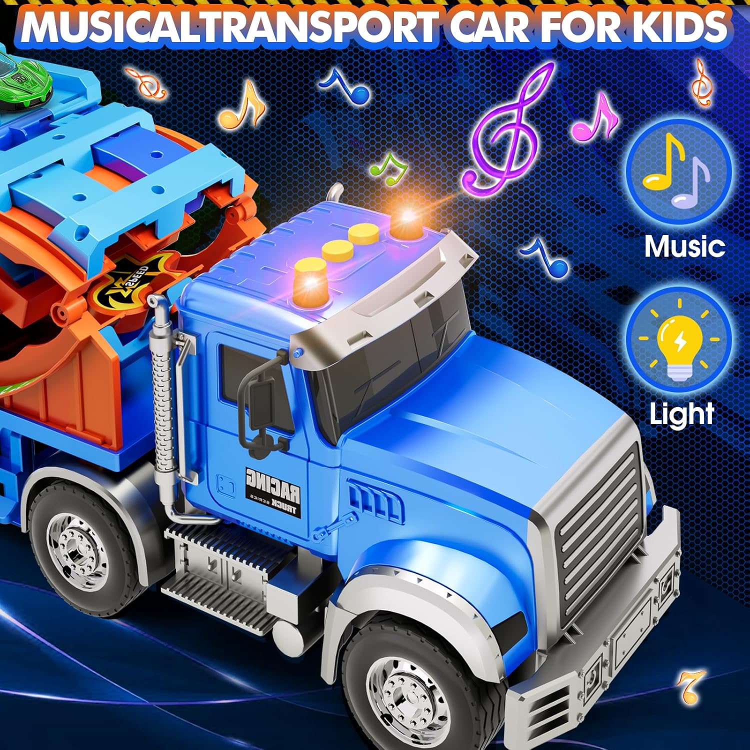 Kids Toys for 3 4 5 6 7 8 Years Old Boys, Carrier Truck Transport Car with Lights Sounds, Christmas Birthday Gift for Toddler, Foldable Layer Car Race Track Playset with Race Track, 6 Metal Toy Cars