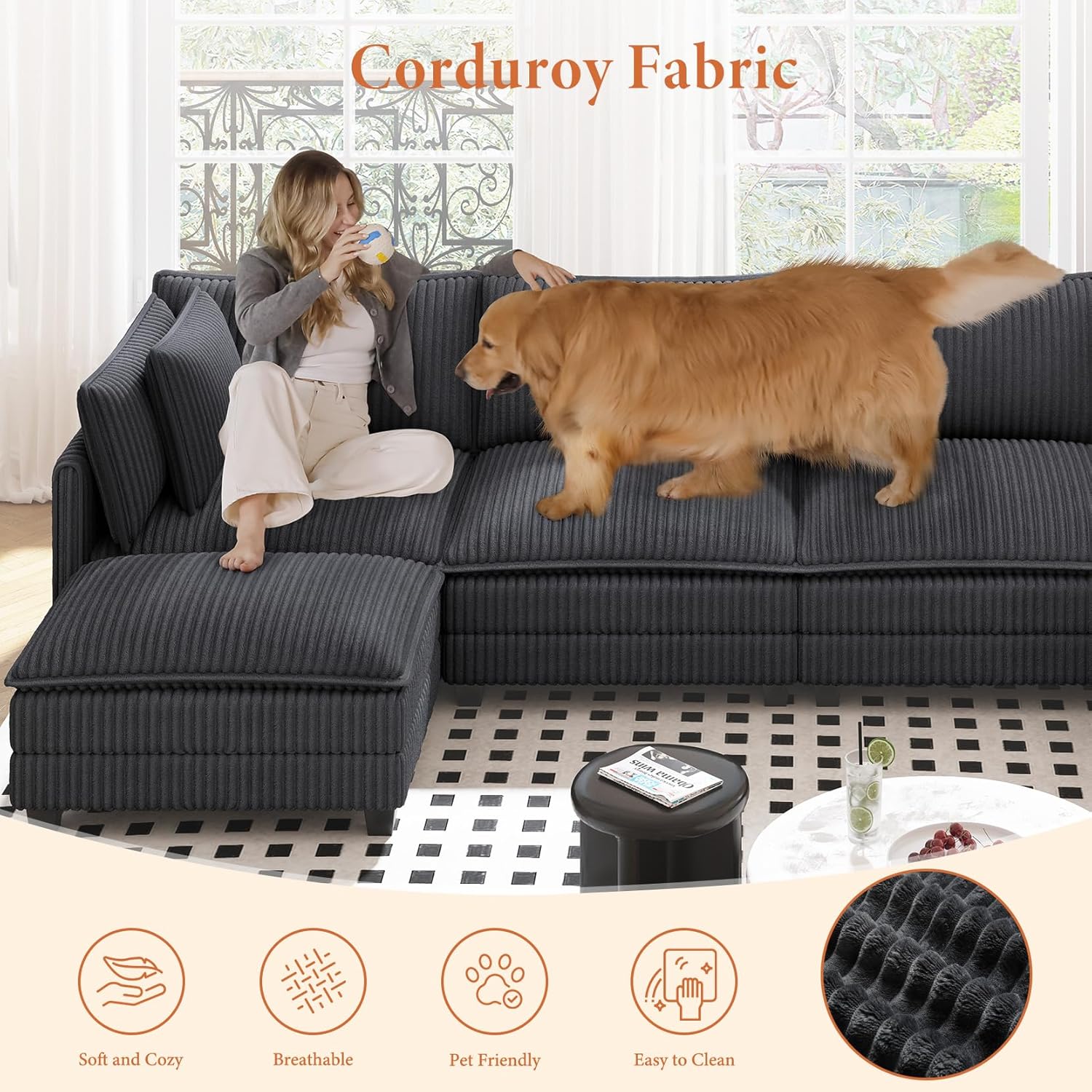 Image showing the corduroy fabric of the Vesgantti Cloud Sectional Couch, highlighting its softness, breathability, pet-friendly nature, and ease of cleaning.