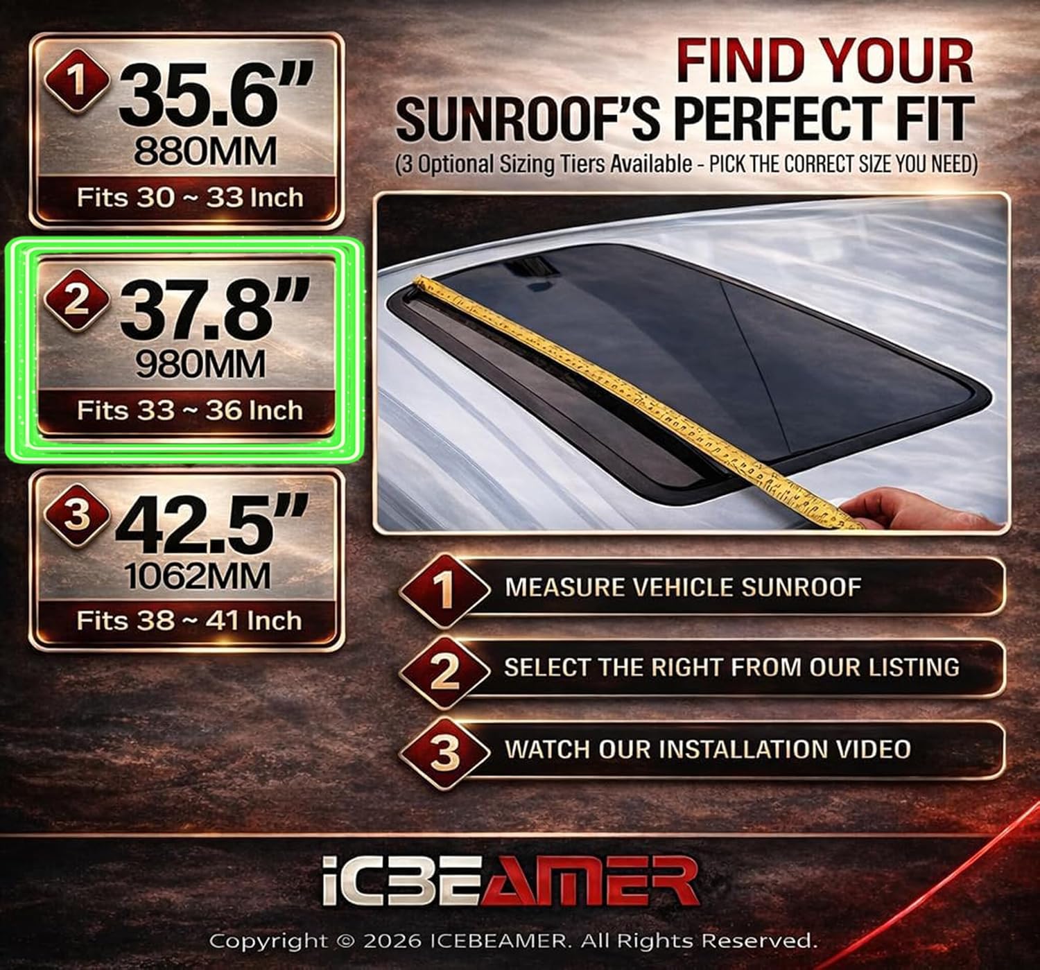 [Upgraded 2026] ICBEAMER 37.8" 980mm Sunroof Wind Deflector,Universal Fit Tinted Moonroof Visor for Deflecting Noise, Rain and Windy Weather, Car Accessories Sun Shade Dark Smoke Smooth/Waterproof