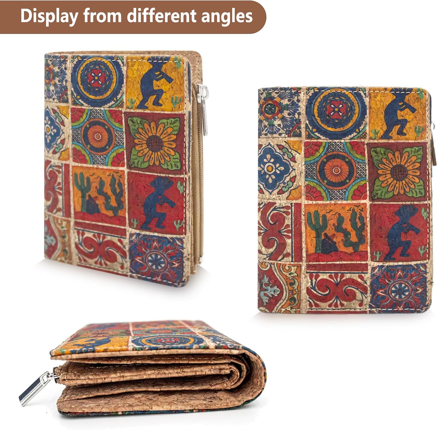 Eco Cork Friendly RFID Blocking Wallet Bi-fold Card Holder Vertical Wallet With Zippered Coin Purse & ID Window - Image 7