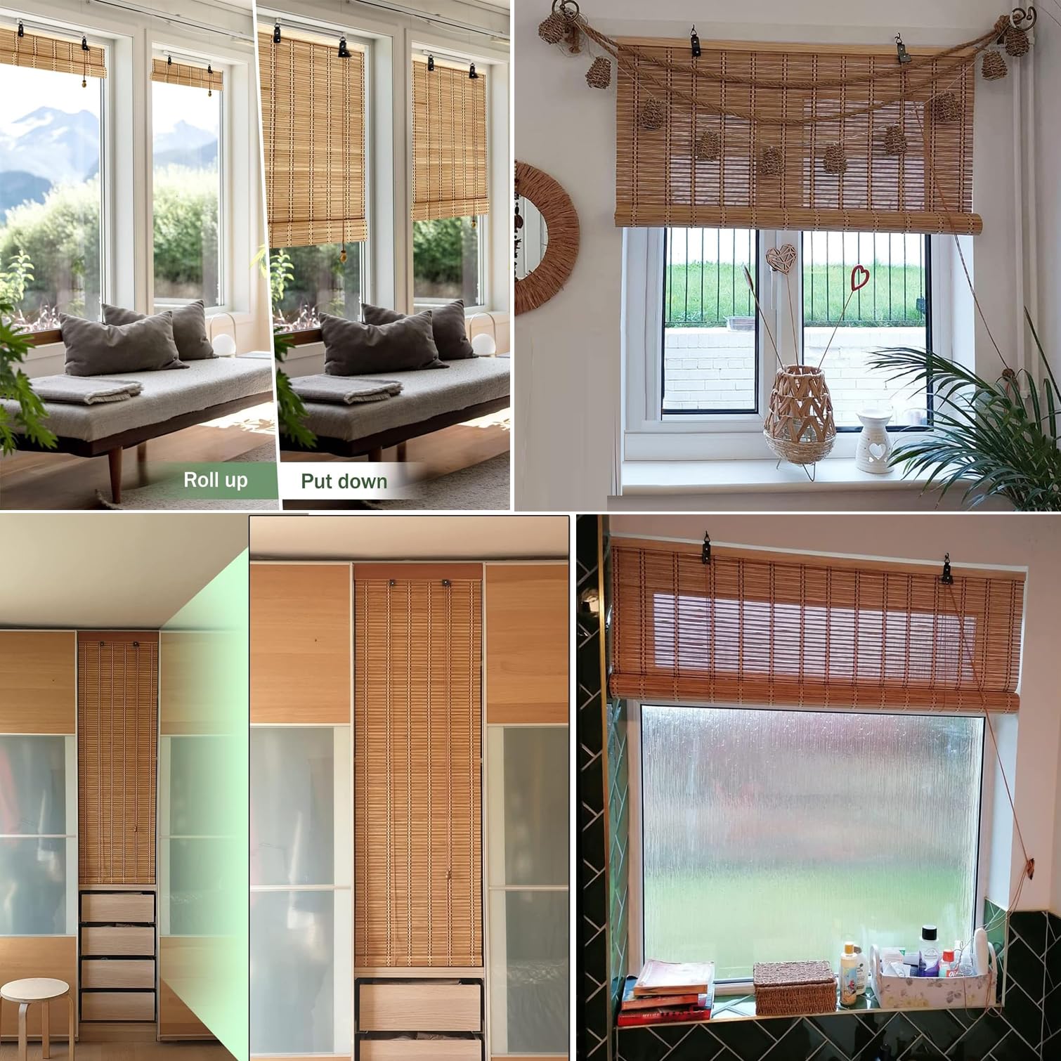 Roleta bambusowa w stylu retro, roleta bambusowa, roleta z filtrem światła, roleta rzymska, z bambusa, do użytku wewnątrz i na taras, do kuchni (130 x 120 cm)