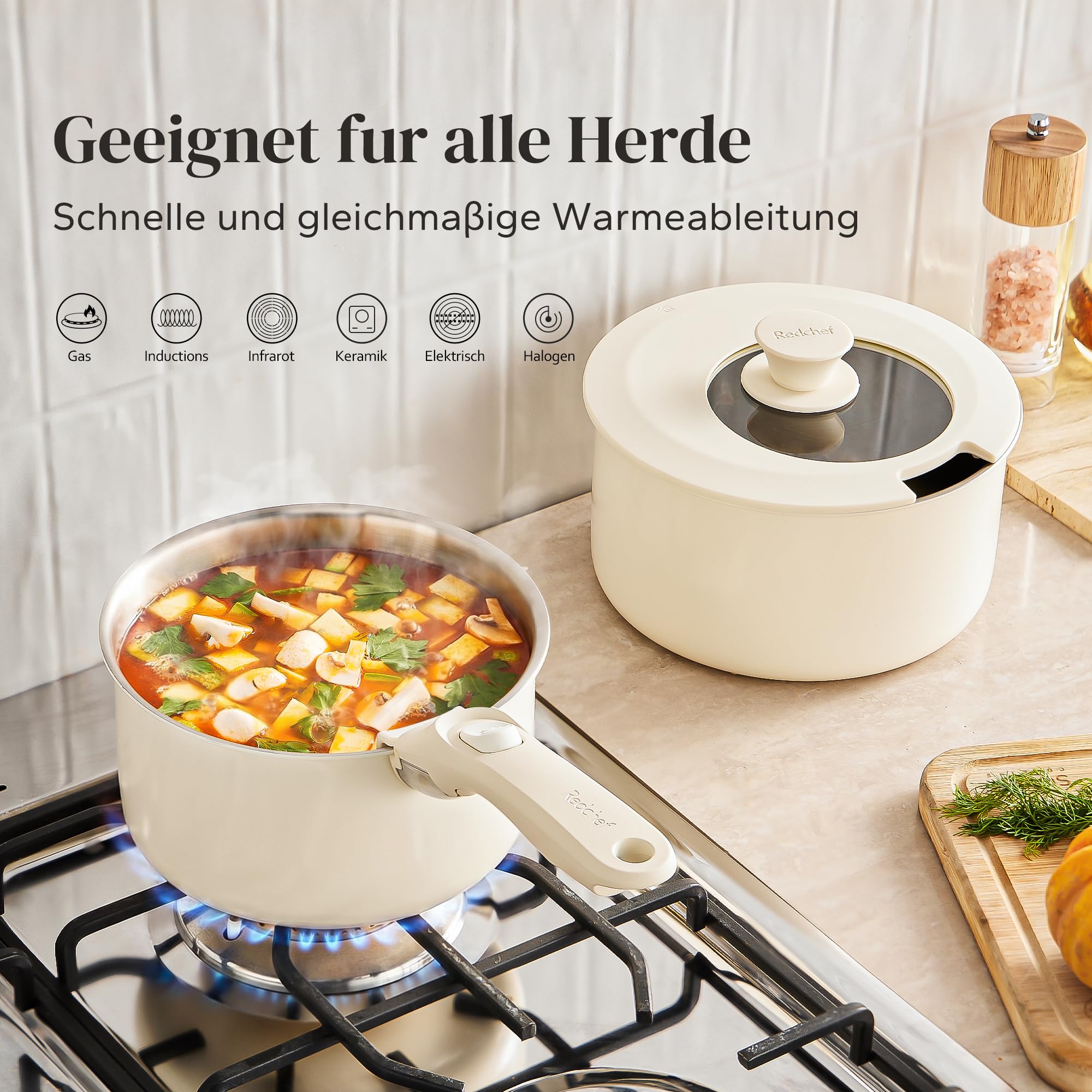 Redchef Batterie de cuisine induction acier inoxydable avec poignées amovibles, set 3 casseroles non revêtue 16/18/20 cm, compatible tous feux, couvercle 3 en 1, passe au four (beige)