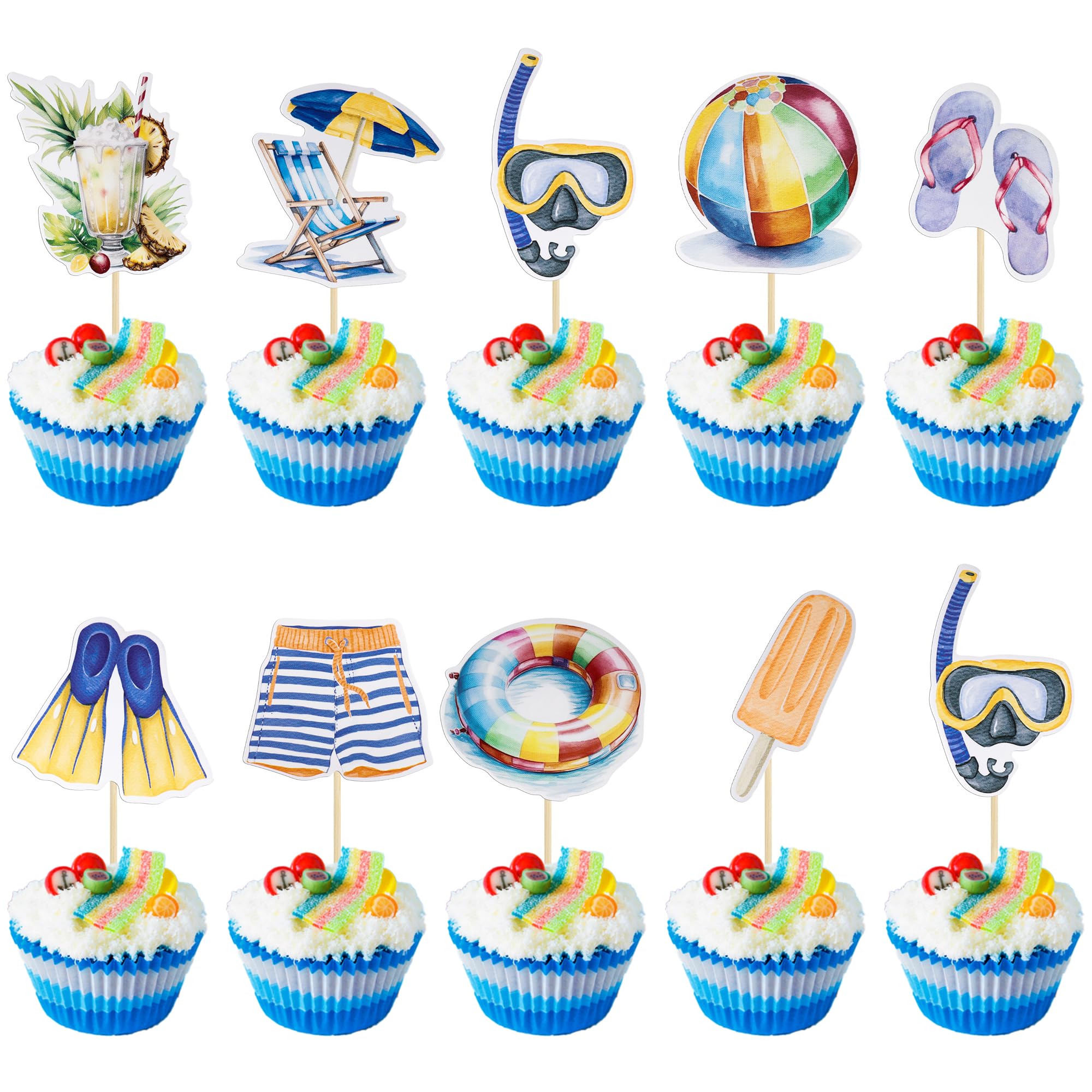 Gyufise 36 Pcs Beach Cupcake Toppers Ball Sun Umbrella Slippers Cupcake Picks Hello Summer Hawaiian Cake Decorations for Baby Shower Pool Party Decor