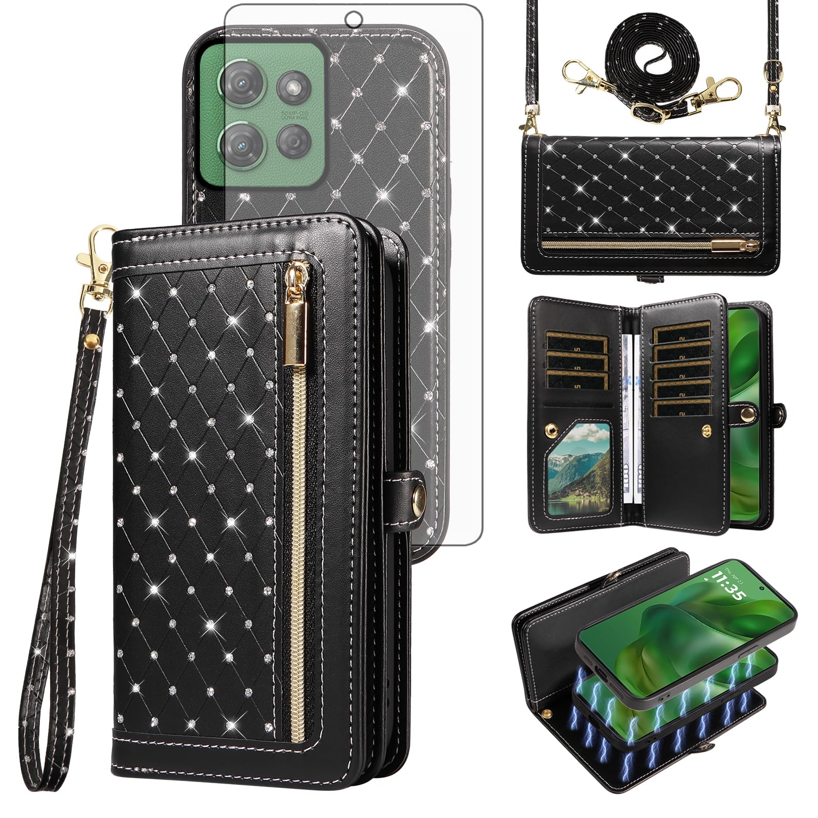 Phone Case for Motorola Moto G Power 5G 2025 Zipper Wallet Detachable Magnetic Cell Cover with Tempered Glass Screen Protector Crossbody Lanyard Strap